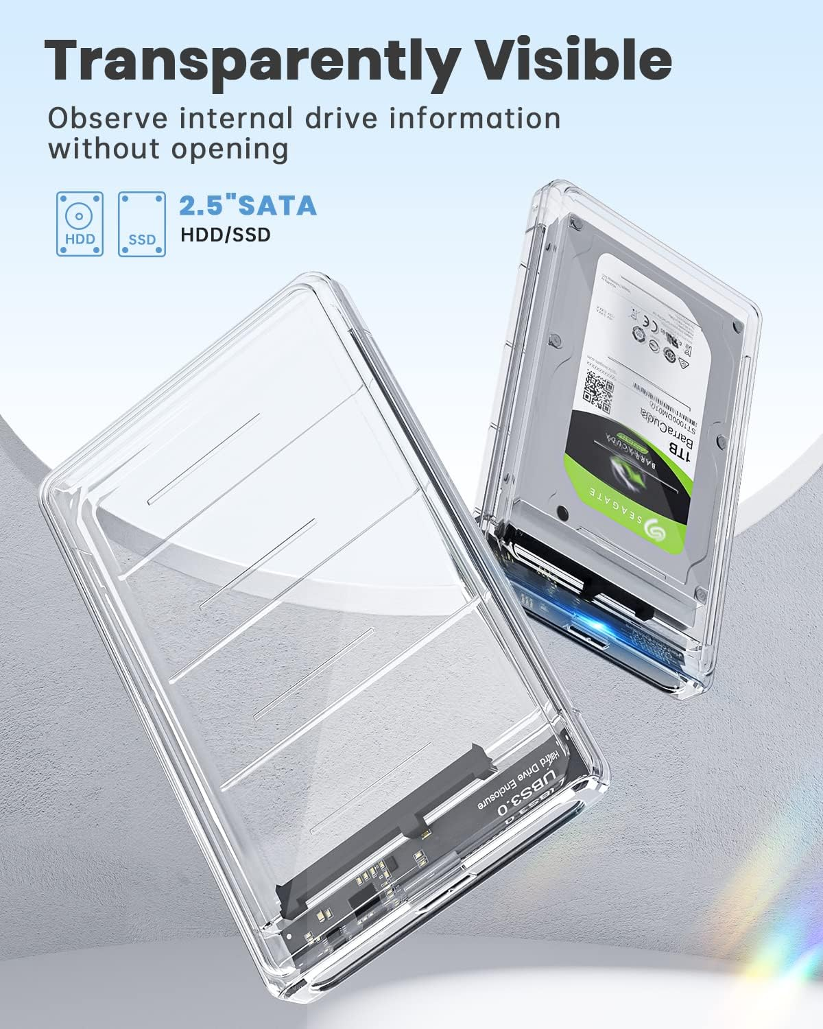 Ein transparenter 2,5-Zoll-Festplattengehäuse mit einer Seagate 1TB Festplatte.