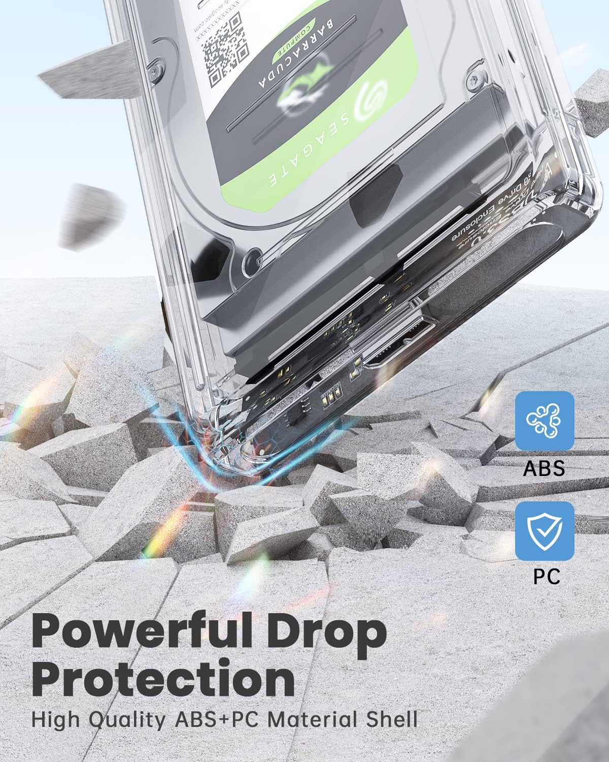 Klare Festplattengehäuse mit Seagate Barracuda Laufwerk, im Fall gezeigt.