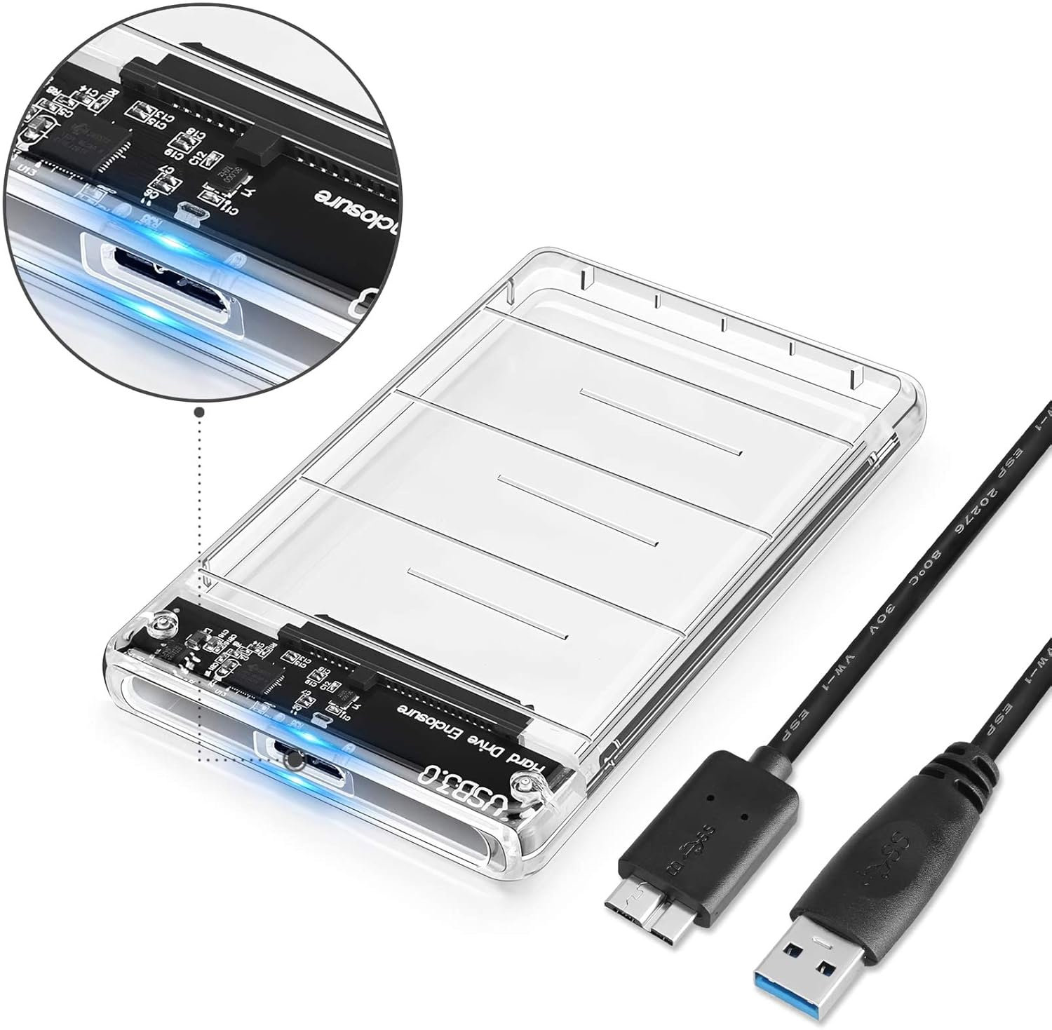 Transparente Festplattengehäuse mit USB 3.0 Anschluss und zwei schwarzen Kabeln.