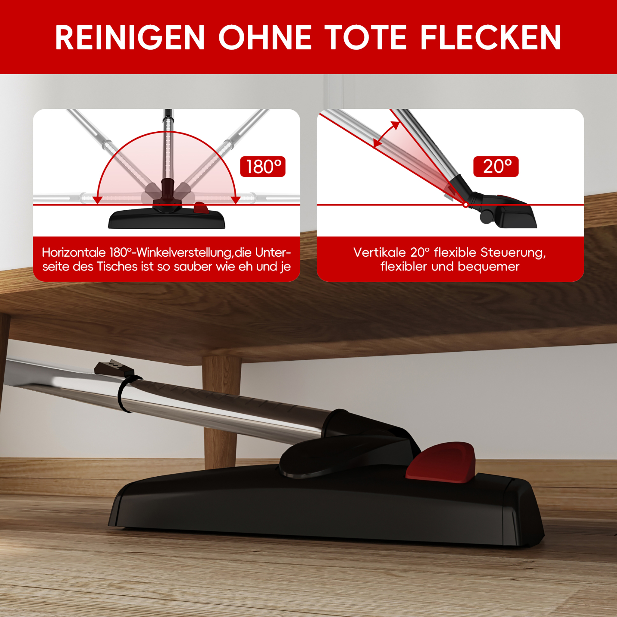 Ein Staubsaugerkopf mit 180° und 20° Winkelverstellung unter einem Tisch.