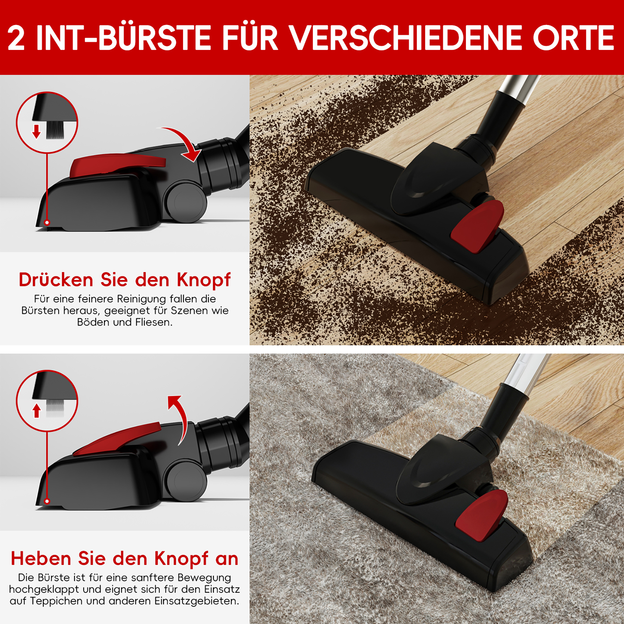Staubsaugerbürste mit ausklappbaren Borsten für Böden und Teppiche.