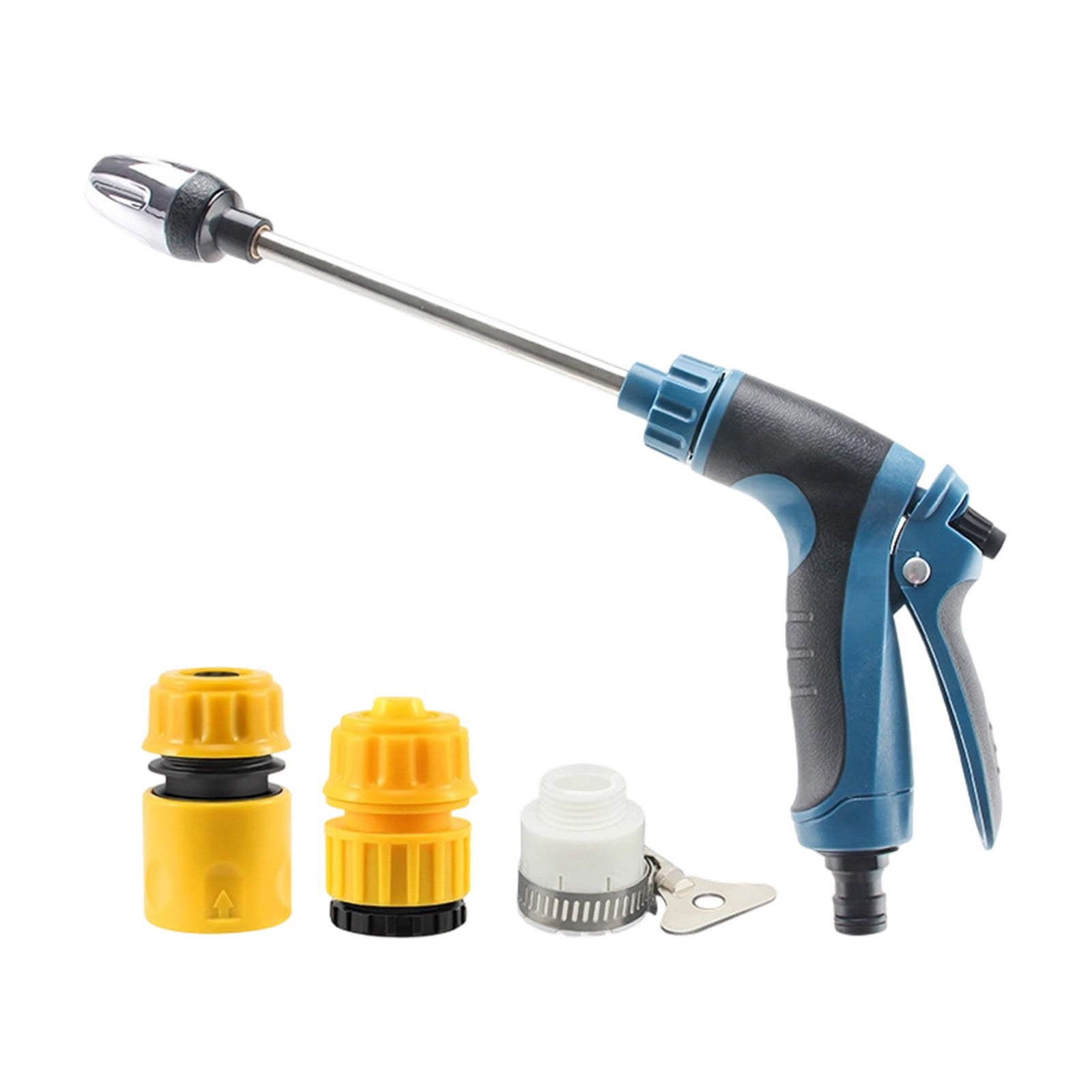 Ein blau-schwarzer Wassersprühkopf mit zwei gelben Schlauchanschlüssen und einem weißen Adapter.