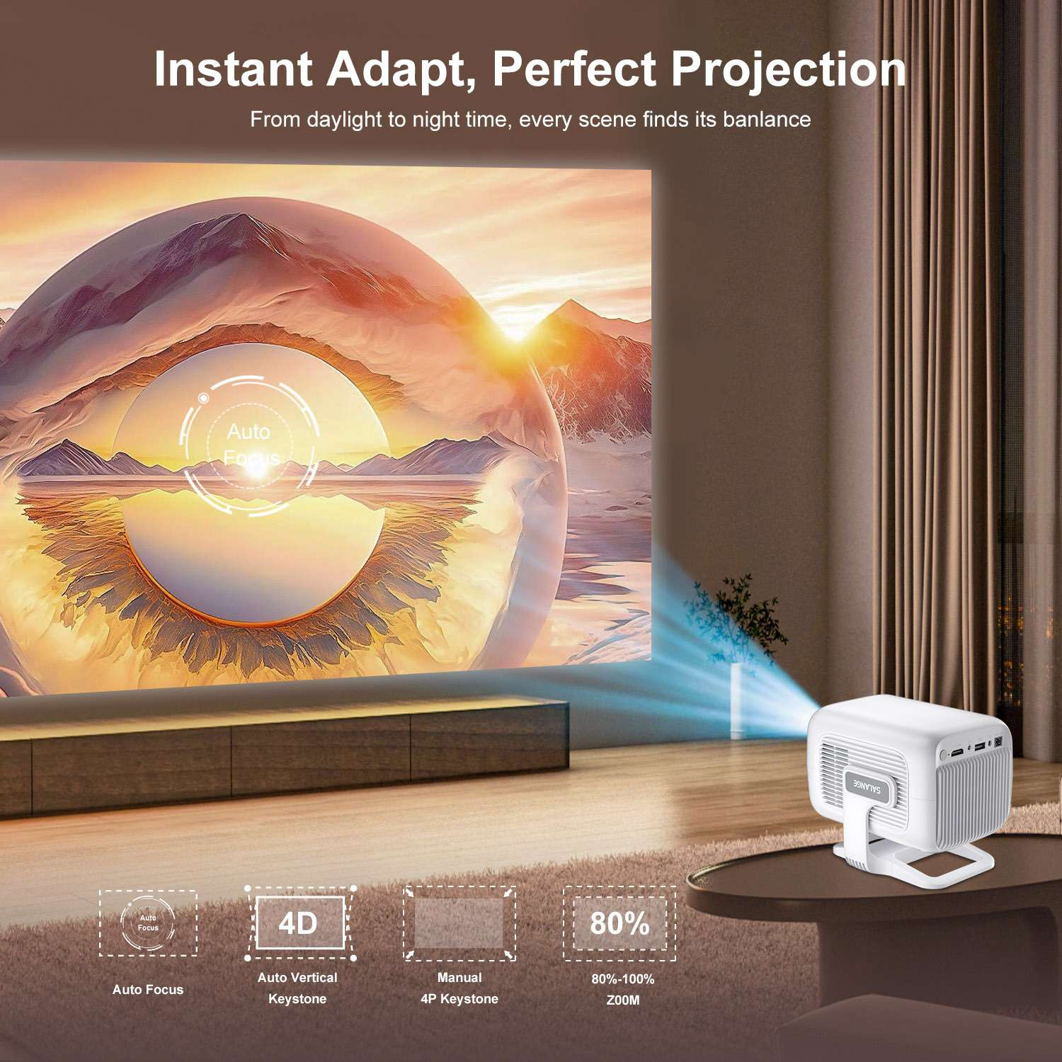 Ein weißer Projektor projiziert ein Bild von Bergen und Wasser. "Instant Adapt, Perfect Projection".
