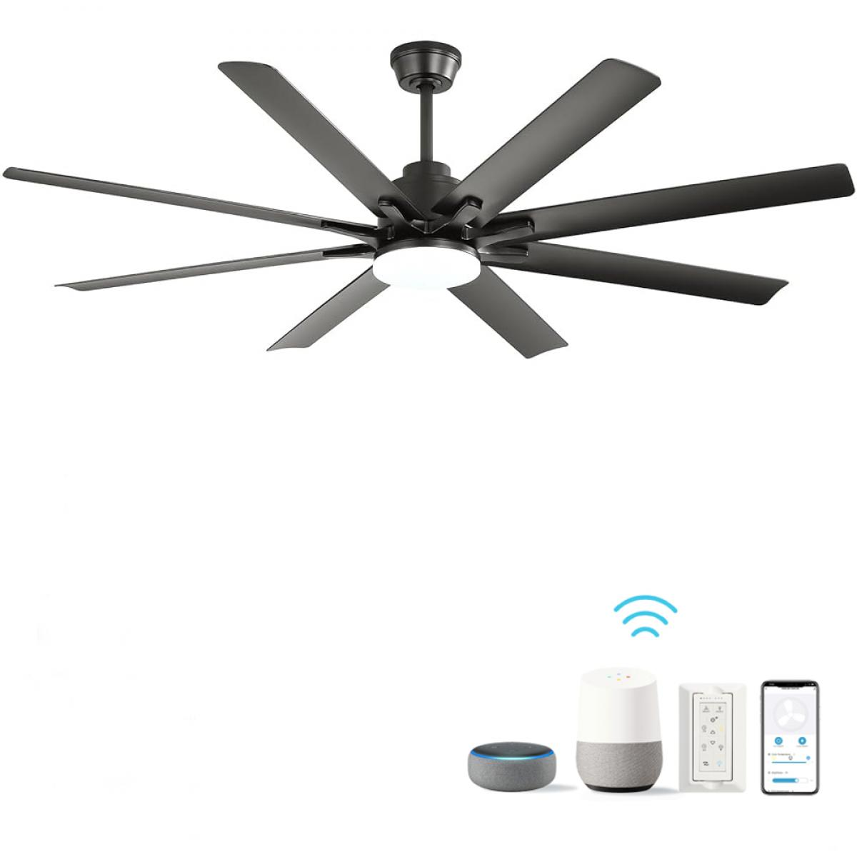 Dunkler Deckenventilator mit Licht, neben Smart-Home-Geräten.
