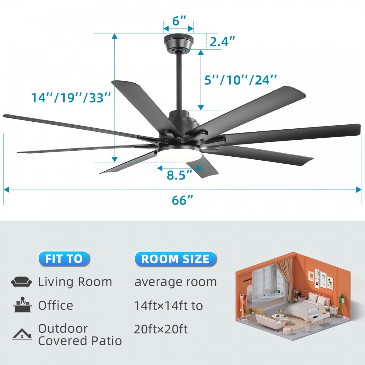 Schwarzer Deckenventilator mit 6 Flügeln und integriertem Licht, Maße sind angegeben.