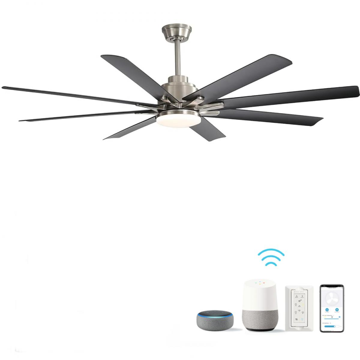 Ein Deckenventilator mit acht schwarzen Rotorblättern und integriertem Licht.