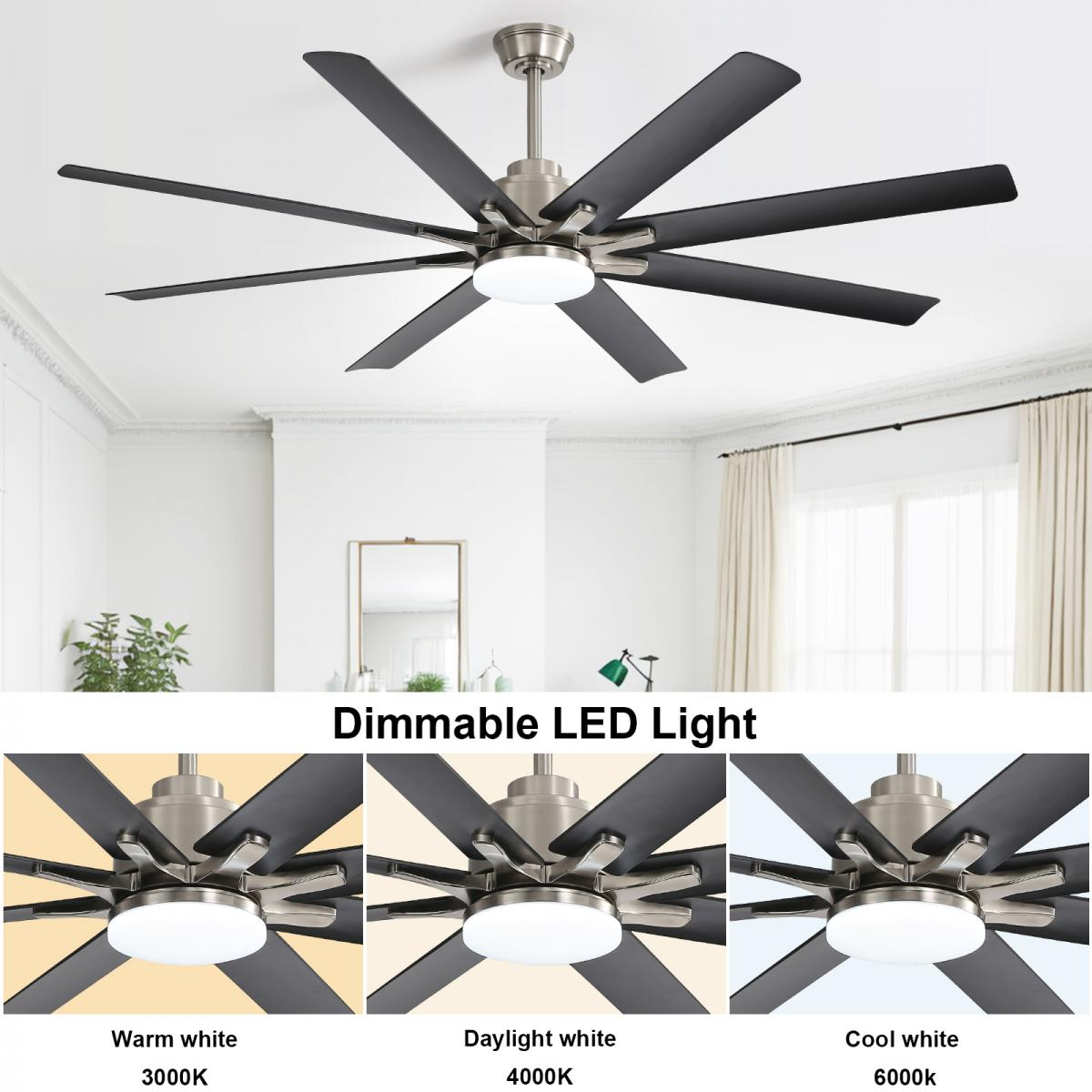 Deckenventilator mit 8 schwarzen Blättern und dimmbarem LED-Licht.