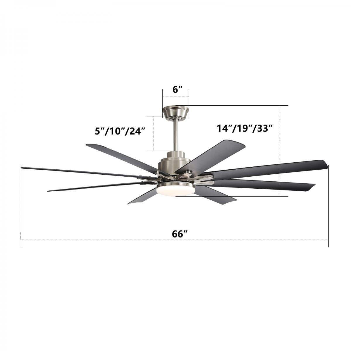Ein moderner Deckenventilator mit acht dunklen Flügeln und integriertem Licht.