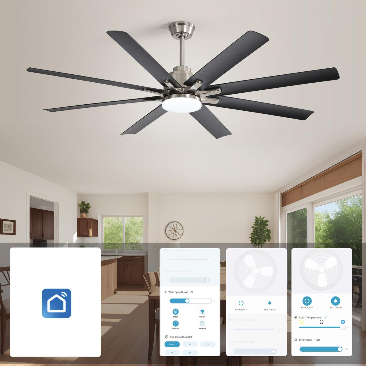 Moderner schwarzer Deckenventilator mit Licht, gezeigt in einem Esszimmer. App-Steuerung sichtbar.
