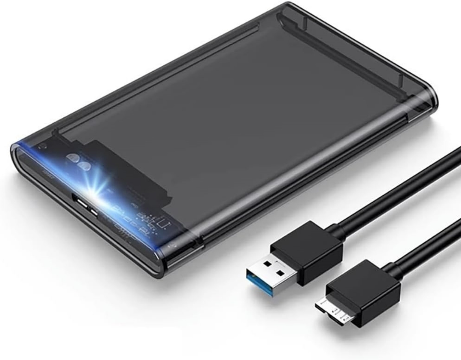 Ein transparenter schwarzer Festplattengehäuse mit zwei USB-Kabeln.