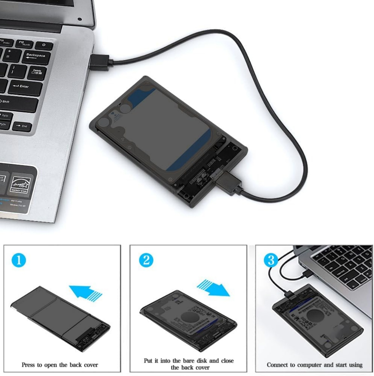 Laptop an externe Festplattengehäuse über USB-Kabel angeschlossen. Installationsschritte unten gezeigt.