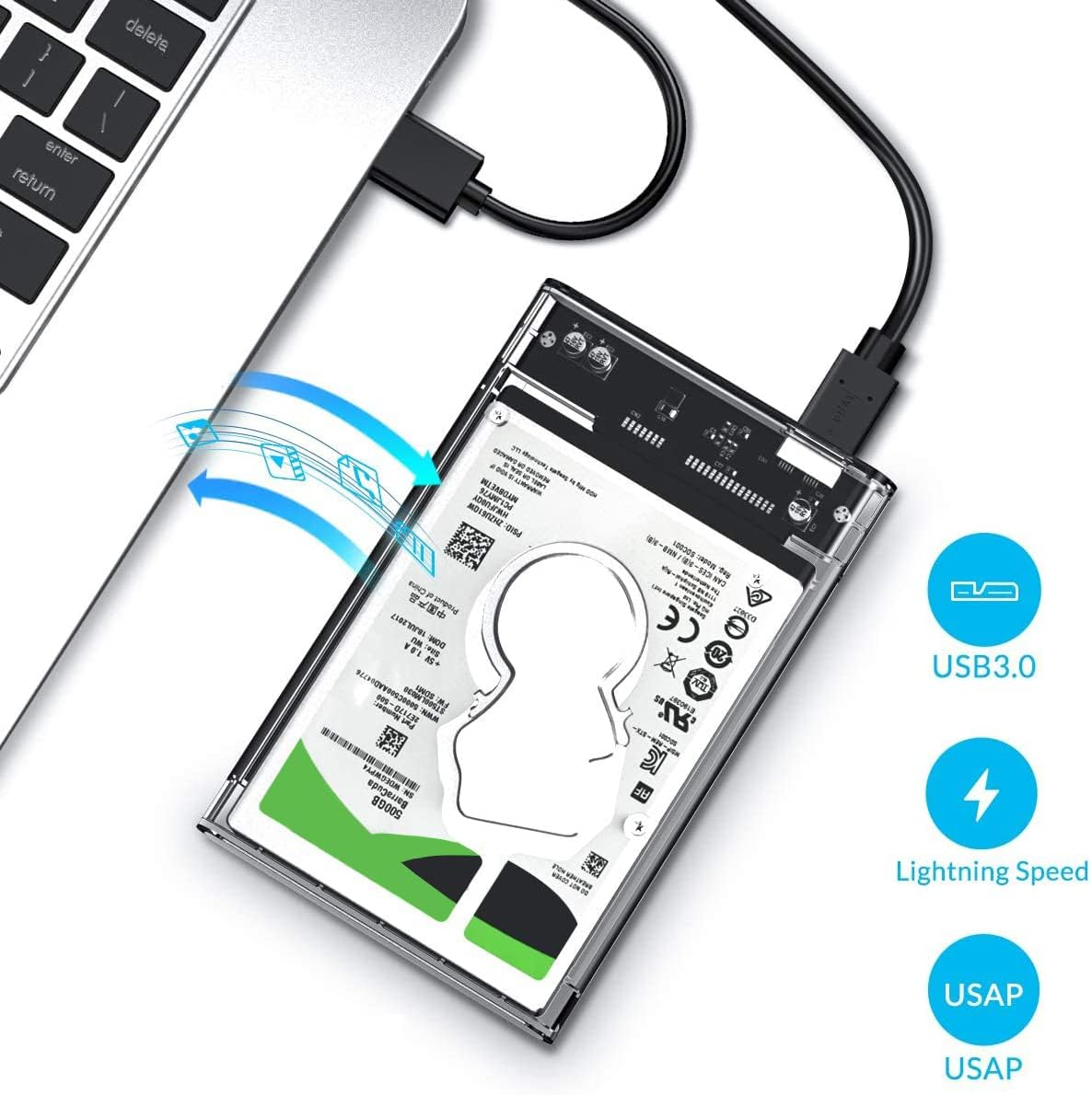 Eine transparente Festplatte, die über ein USB-Kabel an einen Laptop angeschlossen ist. USB3.0- und Lightning-Speed-Icons.