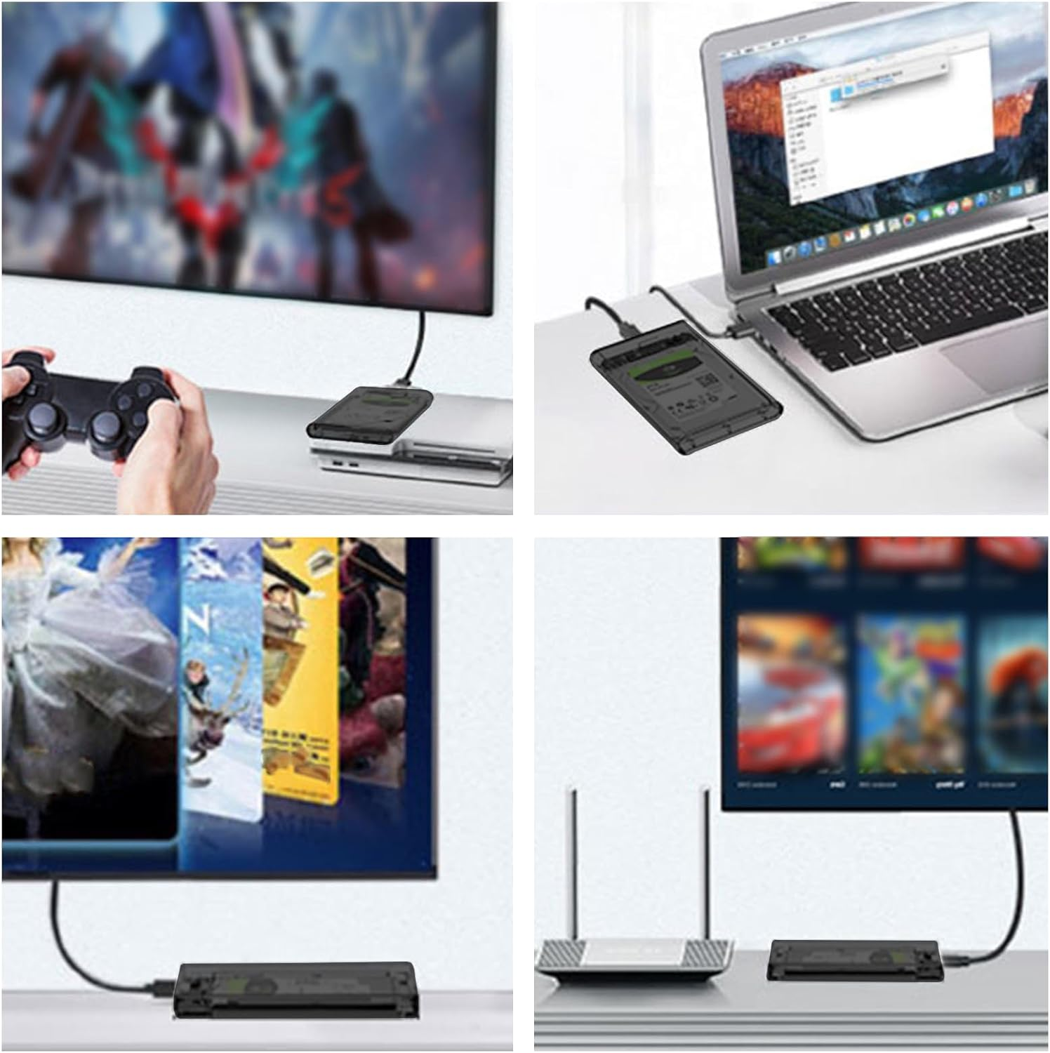 Gaming-, Laptop-, Medien- und WLAN-Setups mit externen Laufwerken.