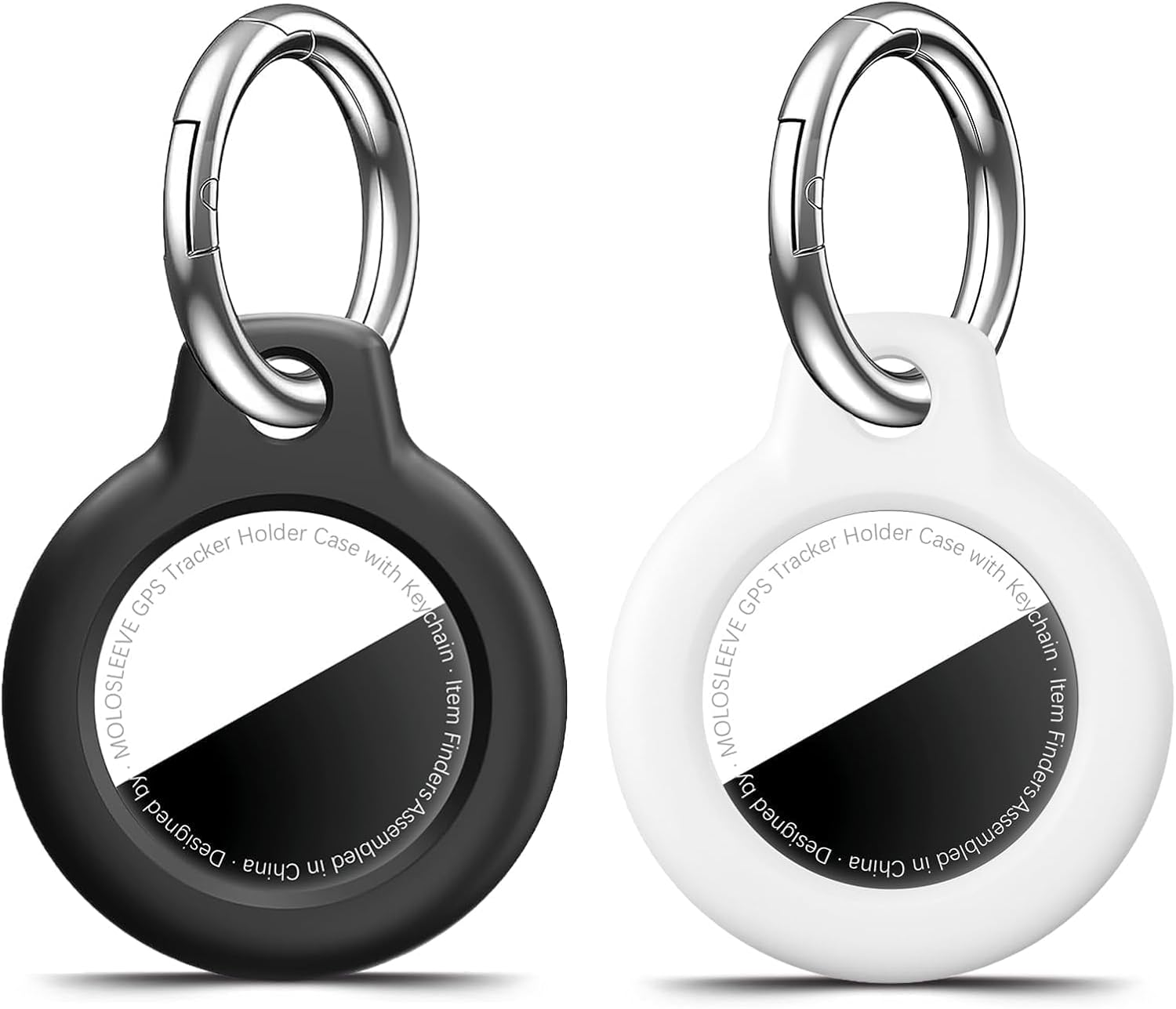 Schwarzer und weißer GPS-Tracker-Halter mit Schlüsselring und Aufdruck.