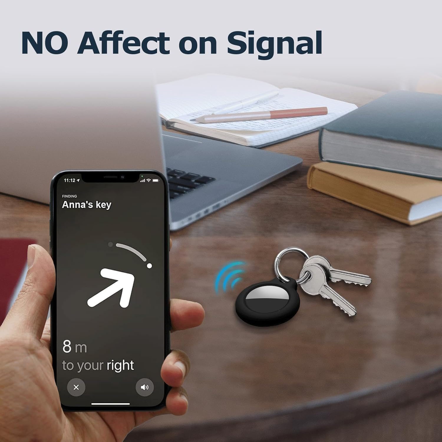 Schlüsselanhänger mit Ortungs-App auf dem Handy, ohne Signalbeeinträchtigung.