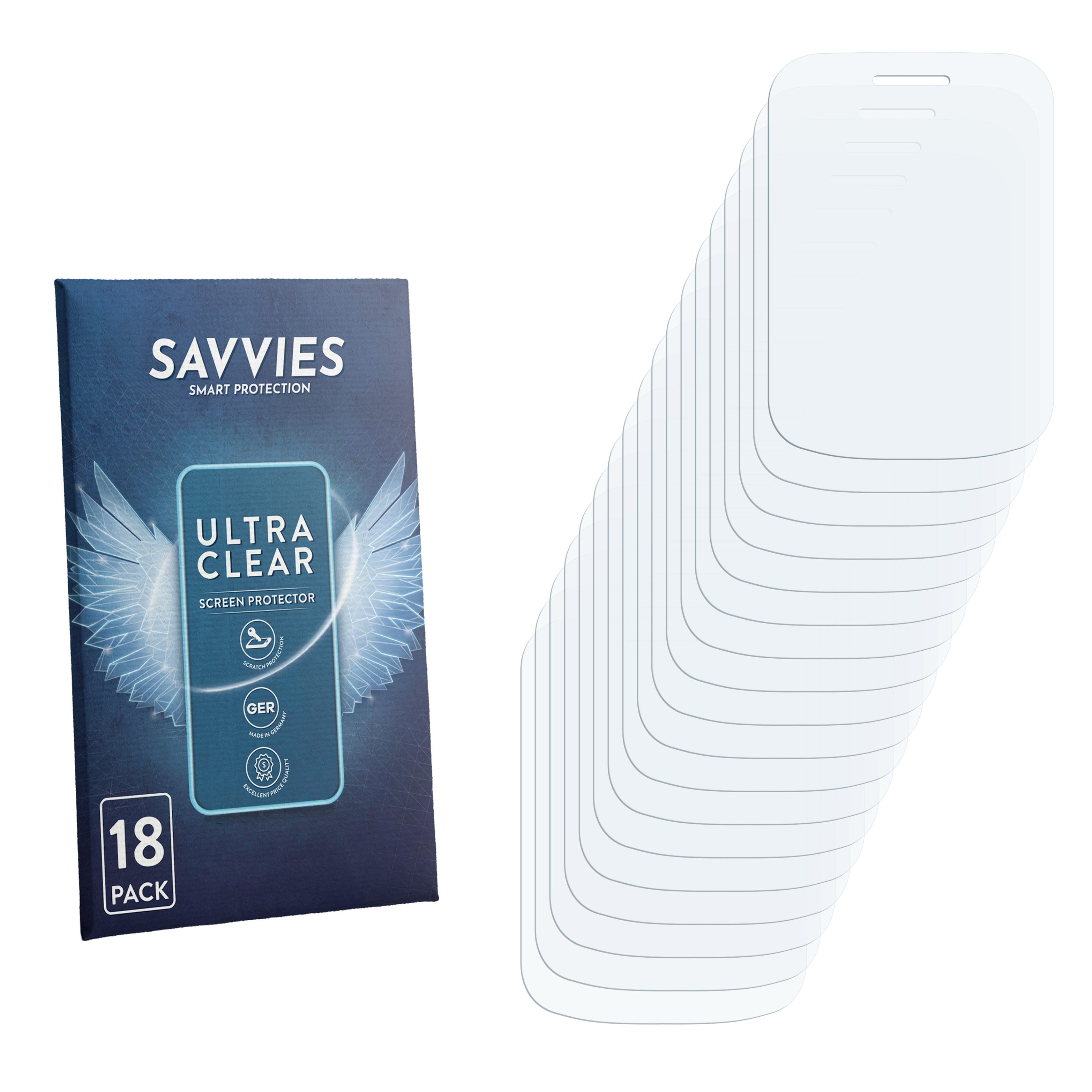 18er Pack Savvies Ultra Clear Displayschutzfolien, links eine Packung, rechts mehrere Folien.