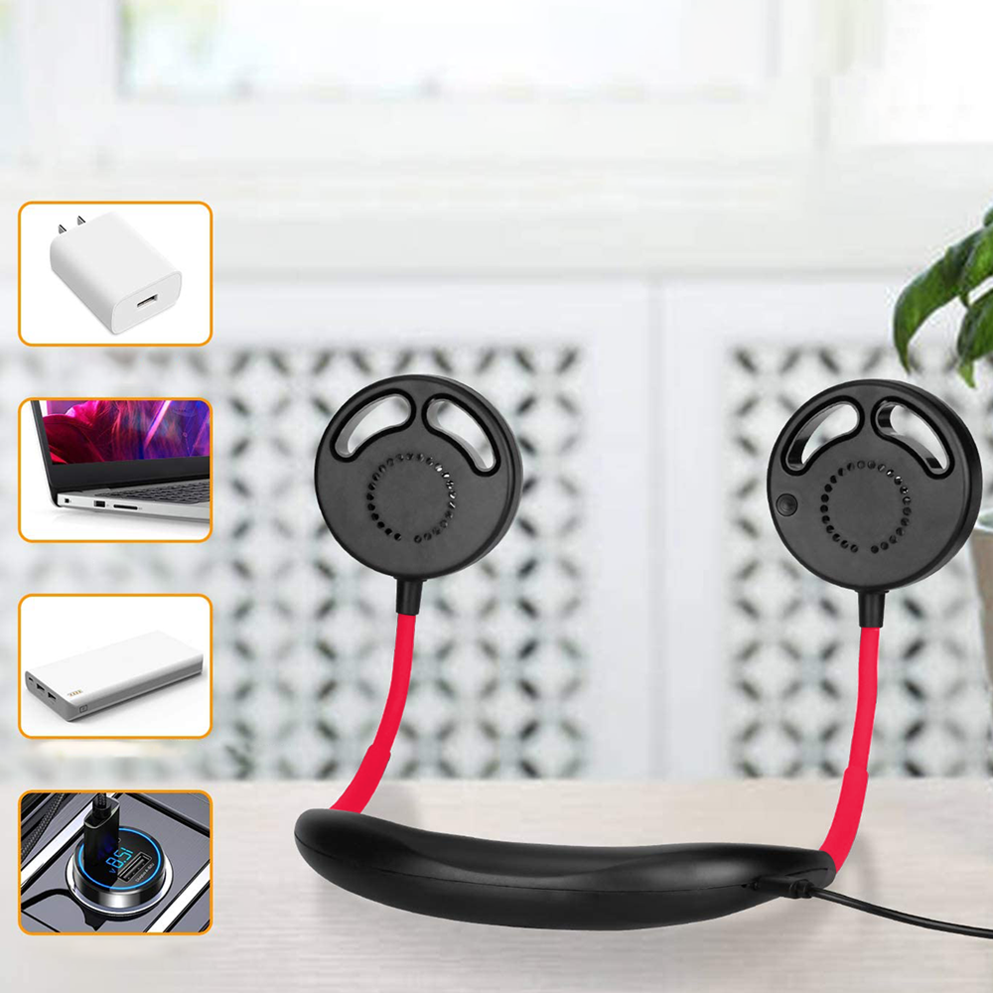 Ein Nacken-Lautsprecher mit roten Kabeln, Laptop, Powerbank, Ladegerät und Autoladegerät.