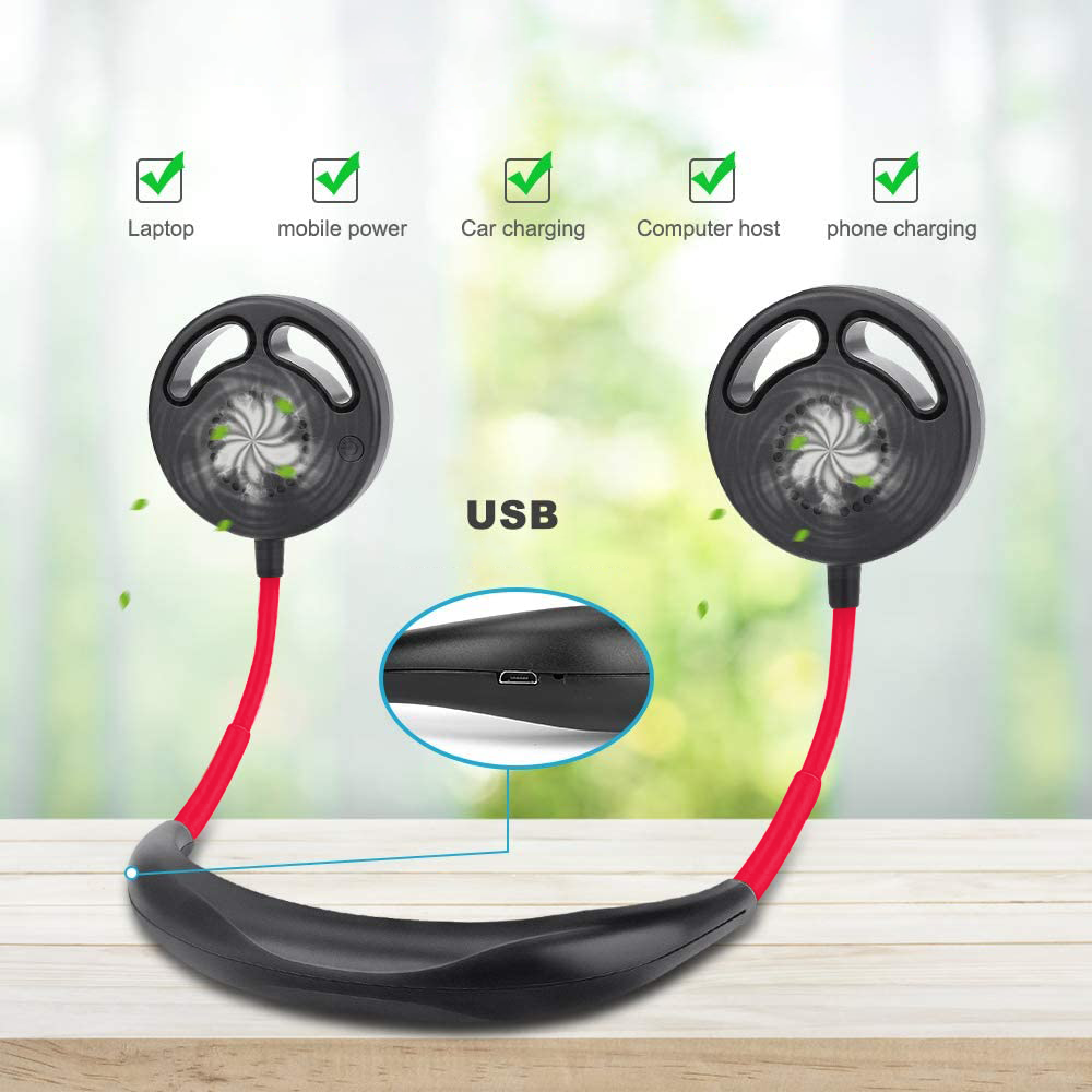 Nackenfächer mit USB-Aufladung, zwei Lüfter, rotes Nackenband, auf Holztisch.