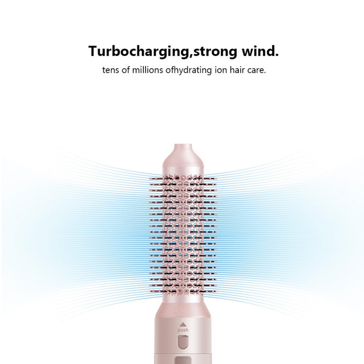 Ein roségoldener Haartrockner mit blauem Luftstrom, der von der Bürste ausgeht.