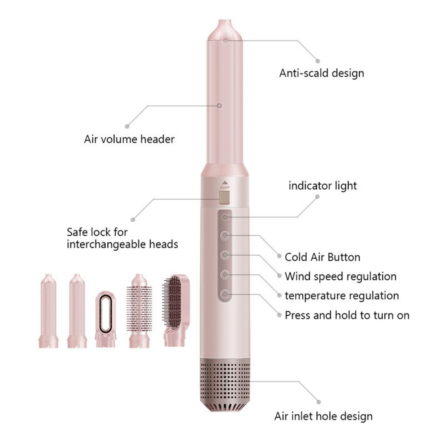 Ein pinker Haartrockner mit austauschbaren Köpfen: Luftvolumen, glatt, Rundbürste, Paddelbürste.