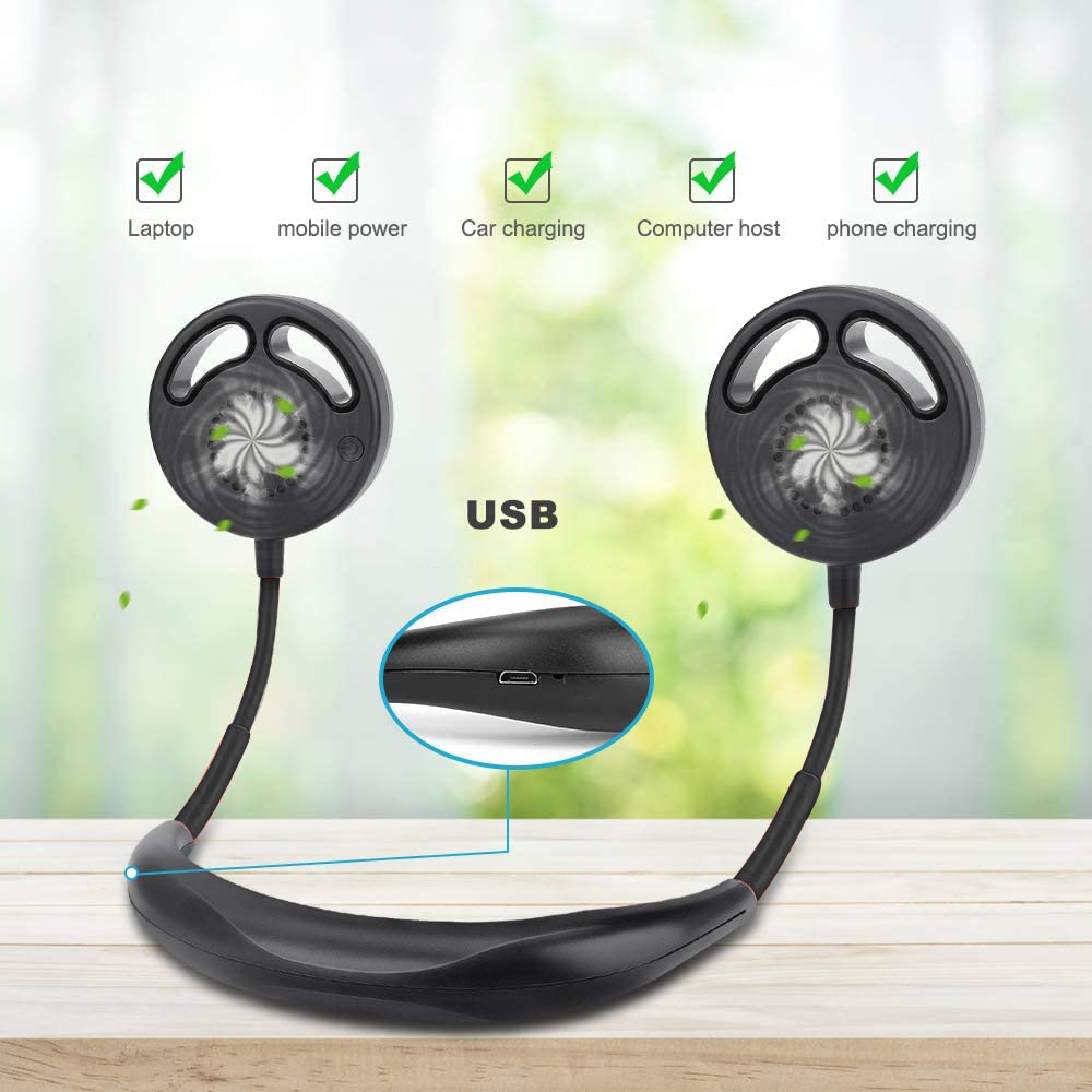 Ein tragbarer USB-Nackenventilator mit zwei Lüfterköpfen auf einem Holztisch.
