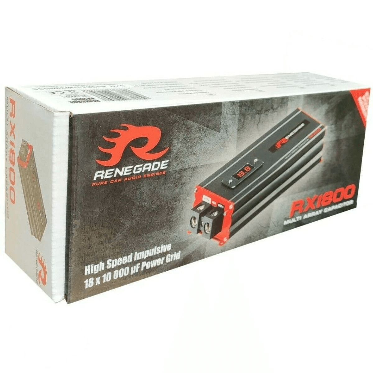 Verpackung mit Renegade RX1800 Multi-Array-Kondensator, rote und schwarze Details.