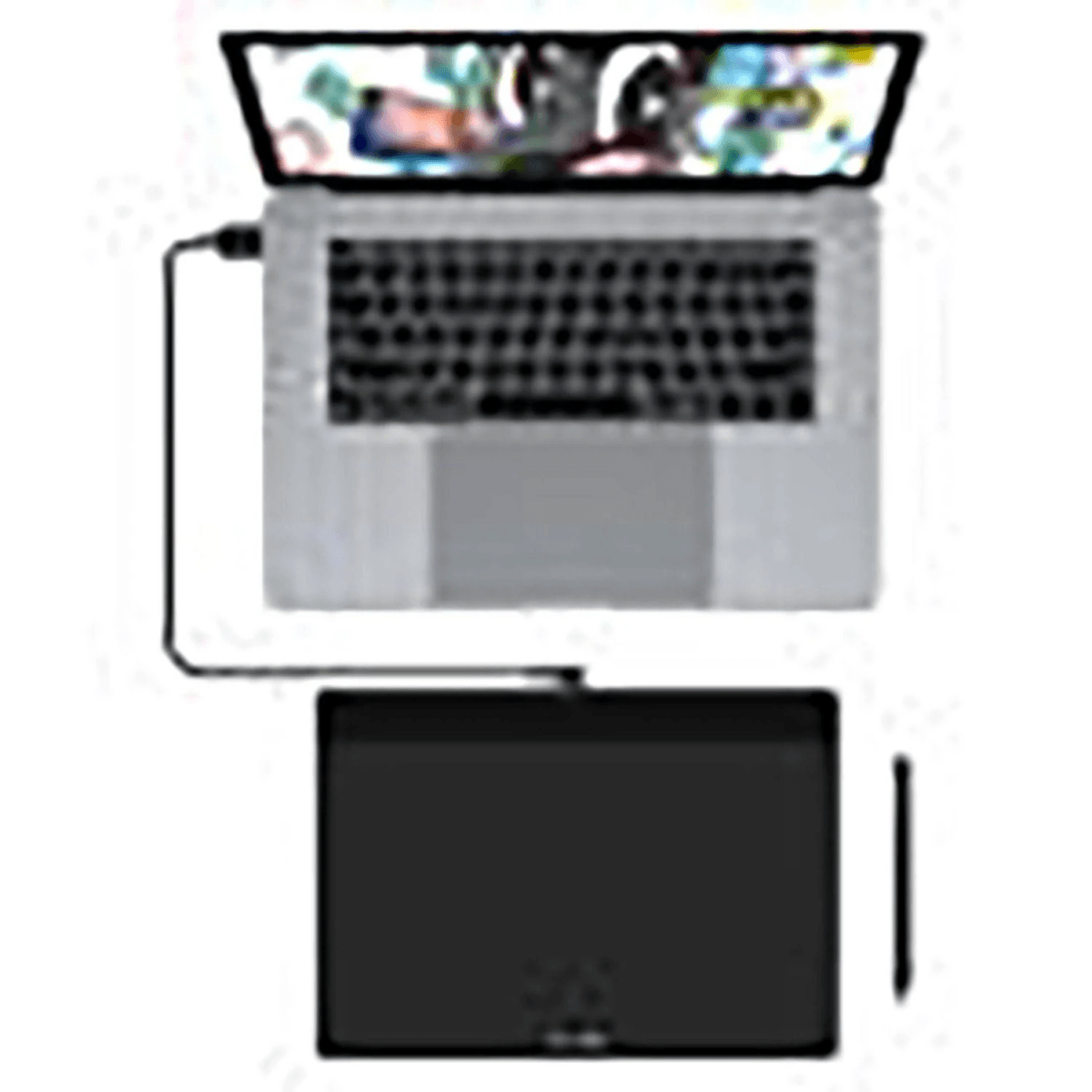 Ein Laptop ist mit einem schwarzen Zeichentablett verbunden, ein Stift liegt daneben.