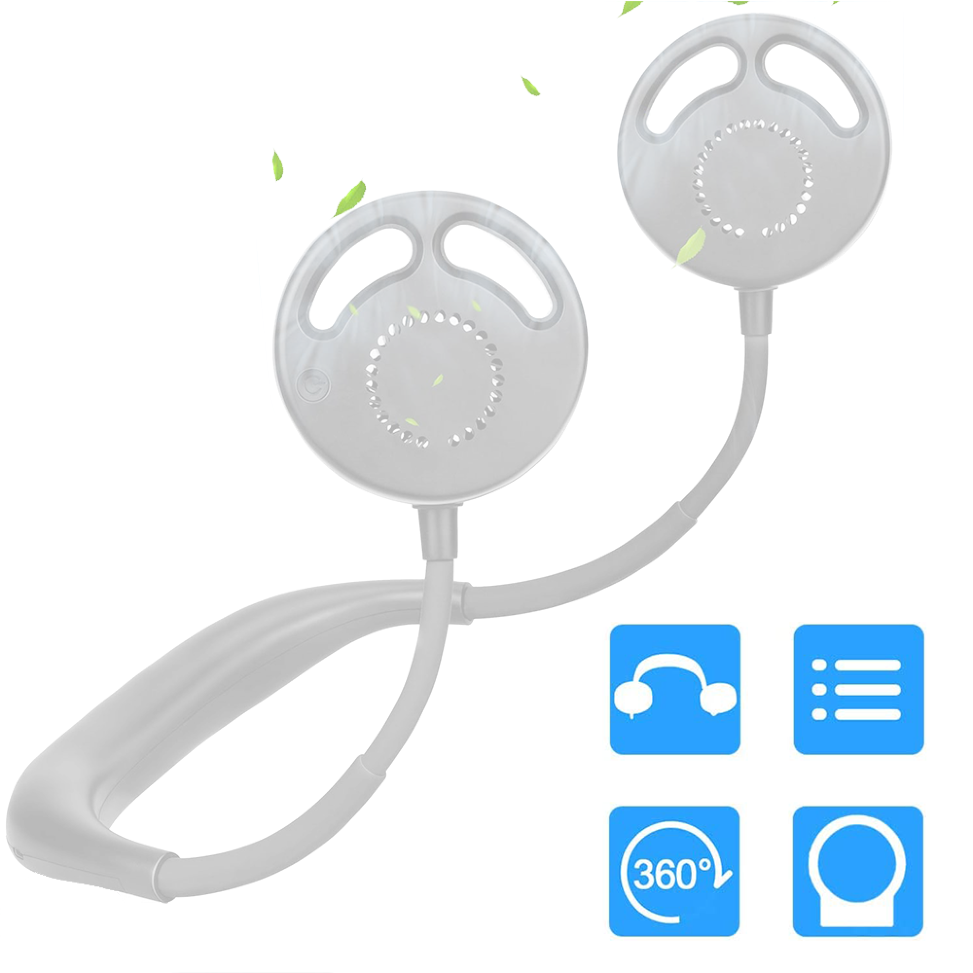 Ein weißer Nackenventilator mit zwei Lüfterköpfen und Icons für Kopfhörer, Liste, 360 Grad.