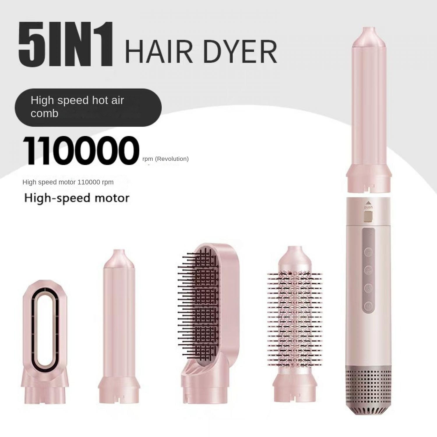Ein pinker 5-in-1-Haartrockner mit verschiedenen Aufsätzen und einem 110.000 U/min Motor.