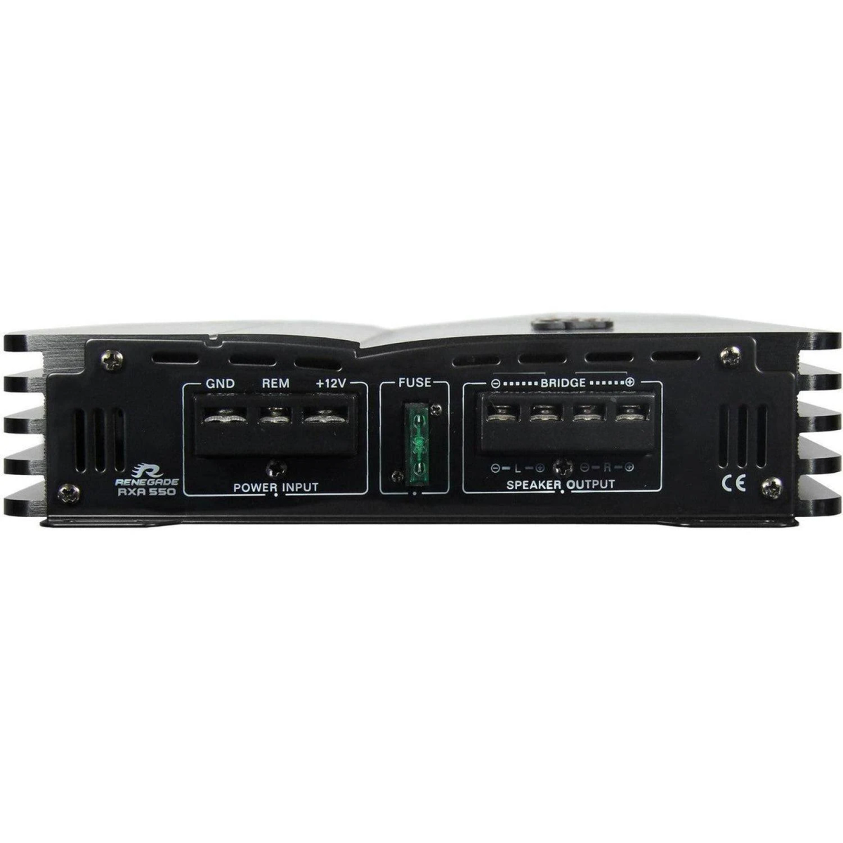 Rückseite eines schwarzen Verstärkers mit Eingängen für GND, REM, +12V, Sicherung und Lautsprecherausgang.