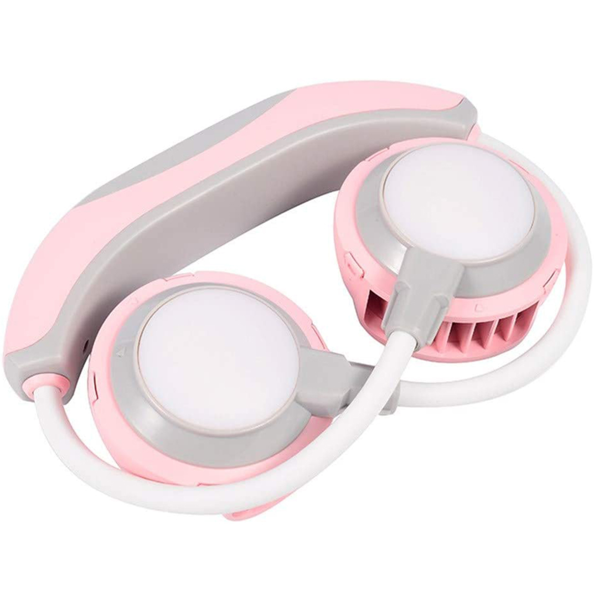 Ein rosa und grauer Nackenventilator mit zwei Lüfterköpfen.
