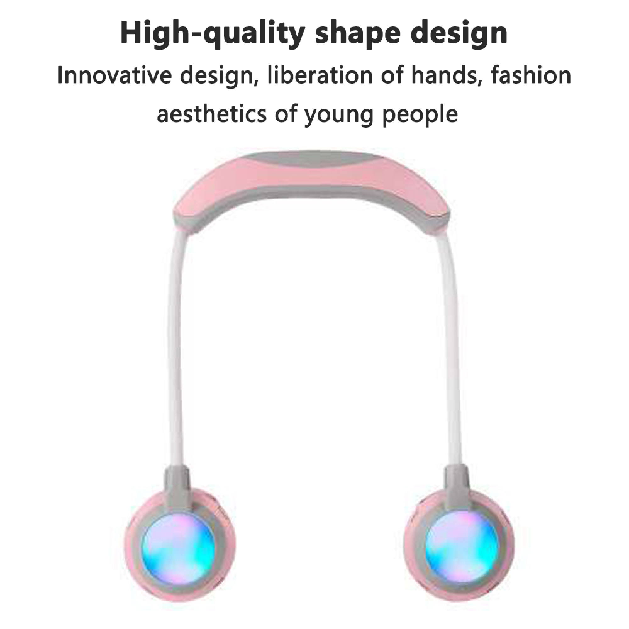 Pinker Nackenventilator mit zwei runden Lautsprechern, die bunte Lichter ausstrahlen.