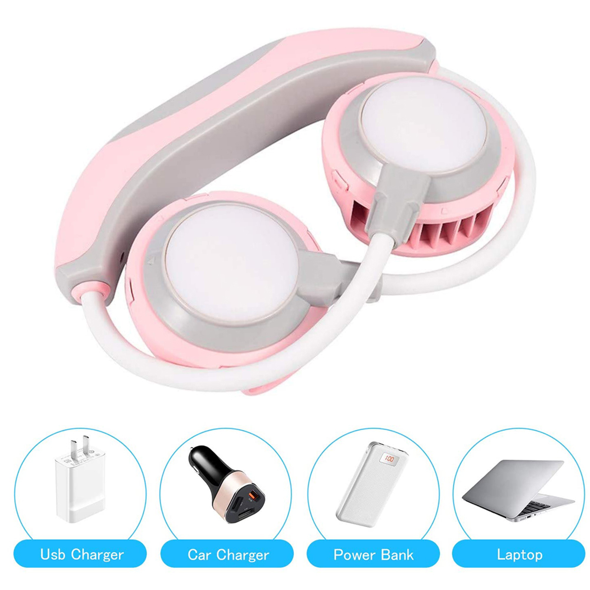 Ein rosa Nackenventilator mit Lichtern und vier Ladeoptionen: USB-Ladegerät, Autoladegerät, Powerbank, Laptop.