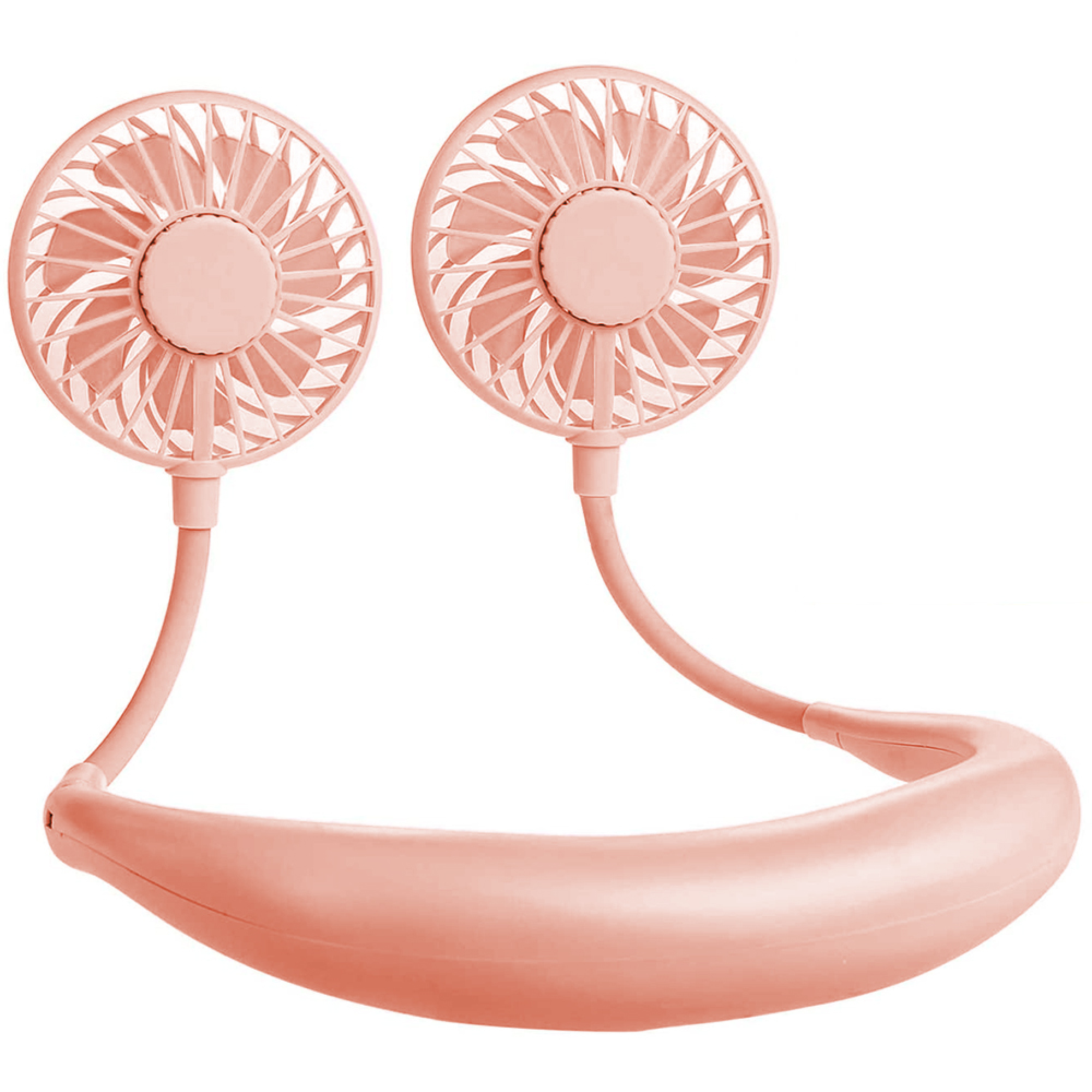 Ein rosafarbener Nackenventilator mit zwei Lüfterköpfen, die auf flexiblen Armen montiert sind.