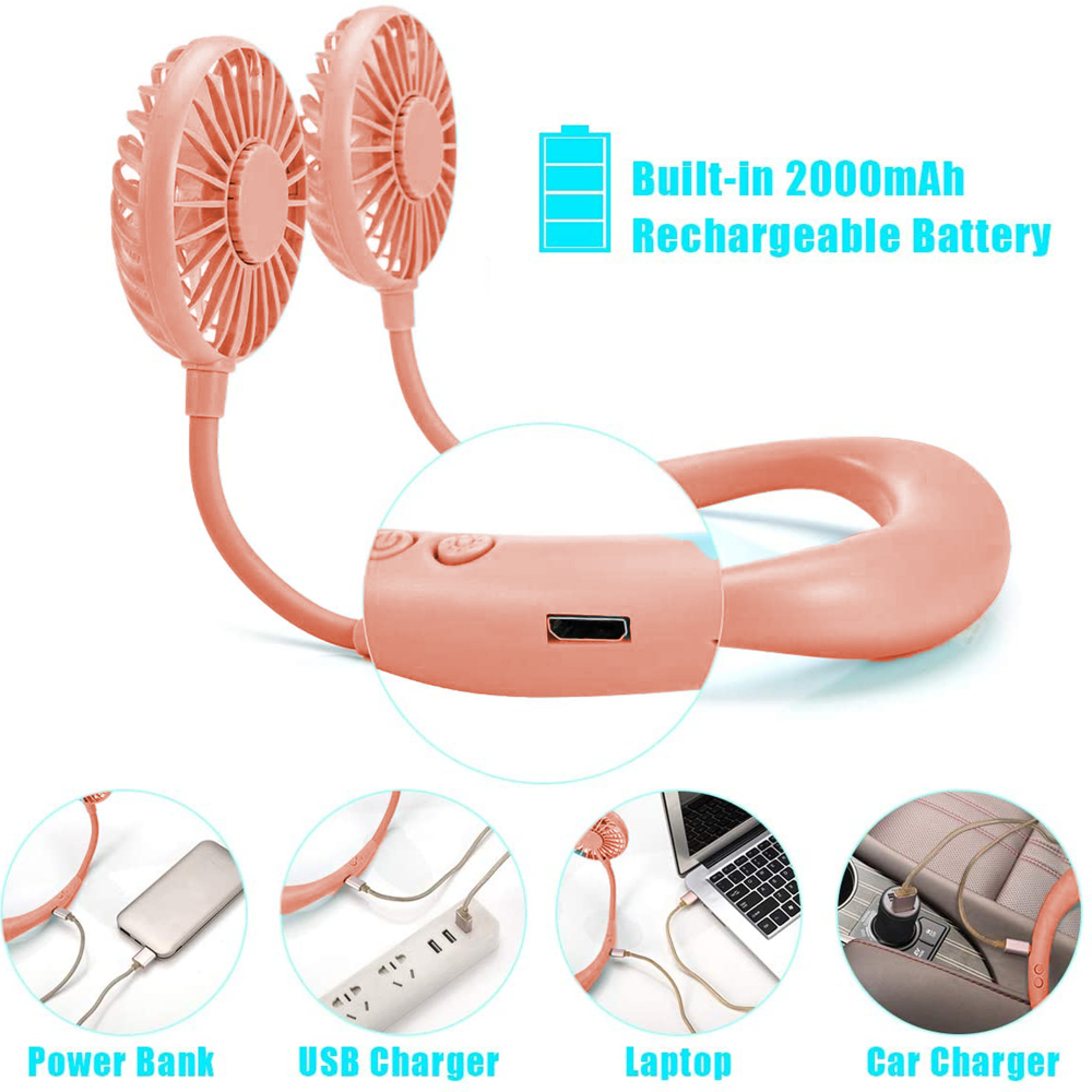 Ein rosafarbener Nackenfächer mit zwei Lüftern, USB-Anschluss und Ladeoptionen.