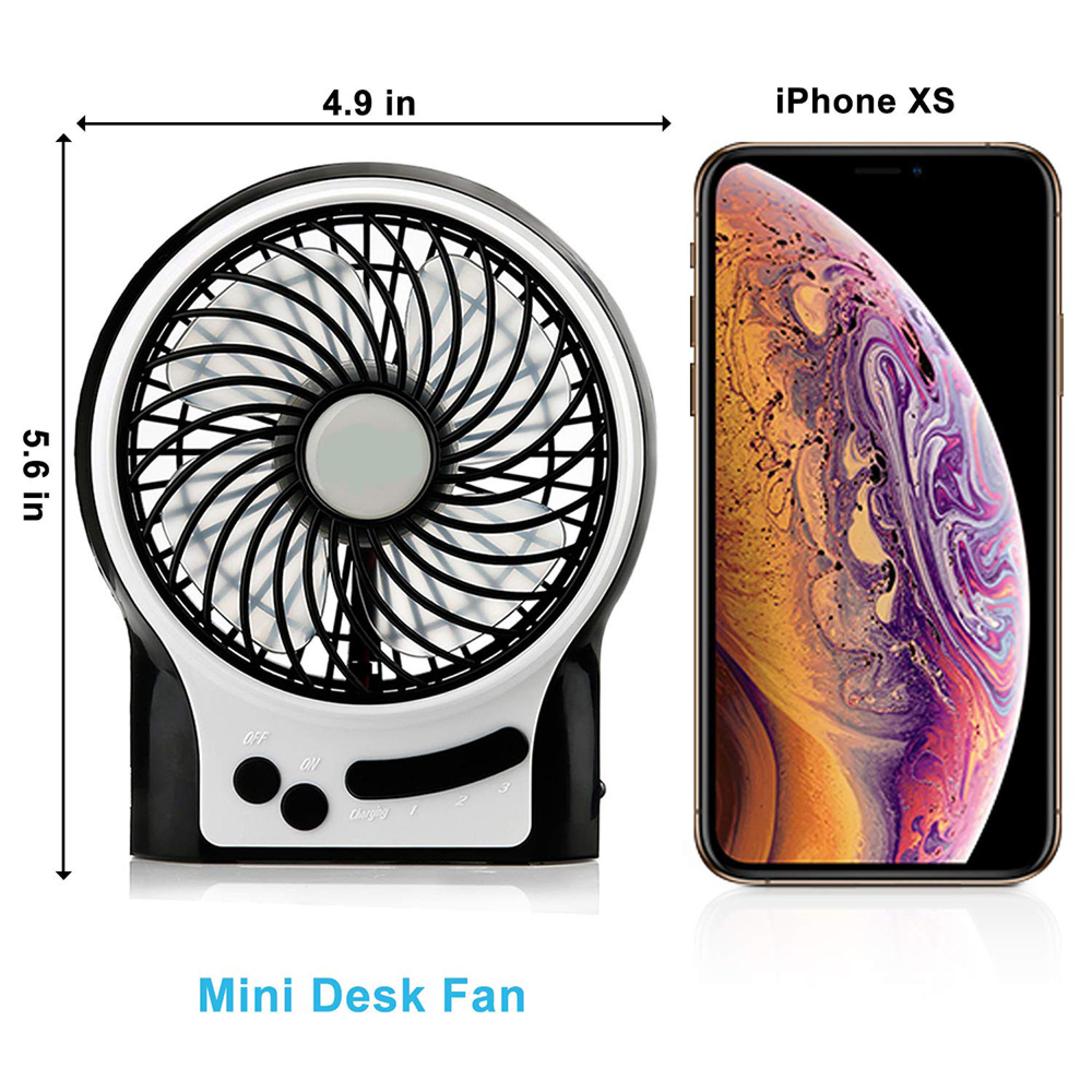 Ein weißer und schwarzer Mini-Schreibtischventilator wird neben einem iPhone XS gezeigt. Maße: 5,6 Zoll x 4,9 Zoll.