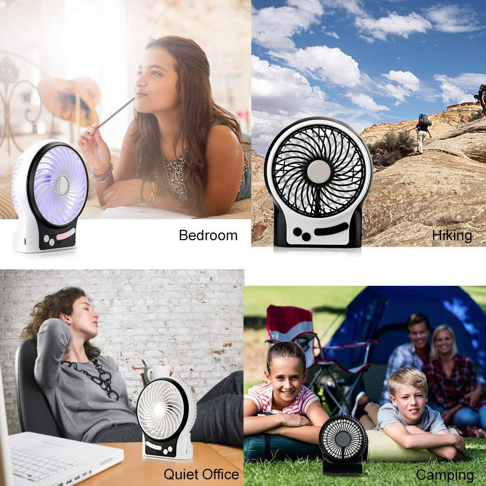 Vier Szenen zeigen einen tragbaren Ventilator in verschiedenen Umgebungen: Schlafzimmer, Wandern, Büro, Camping.