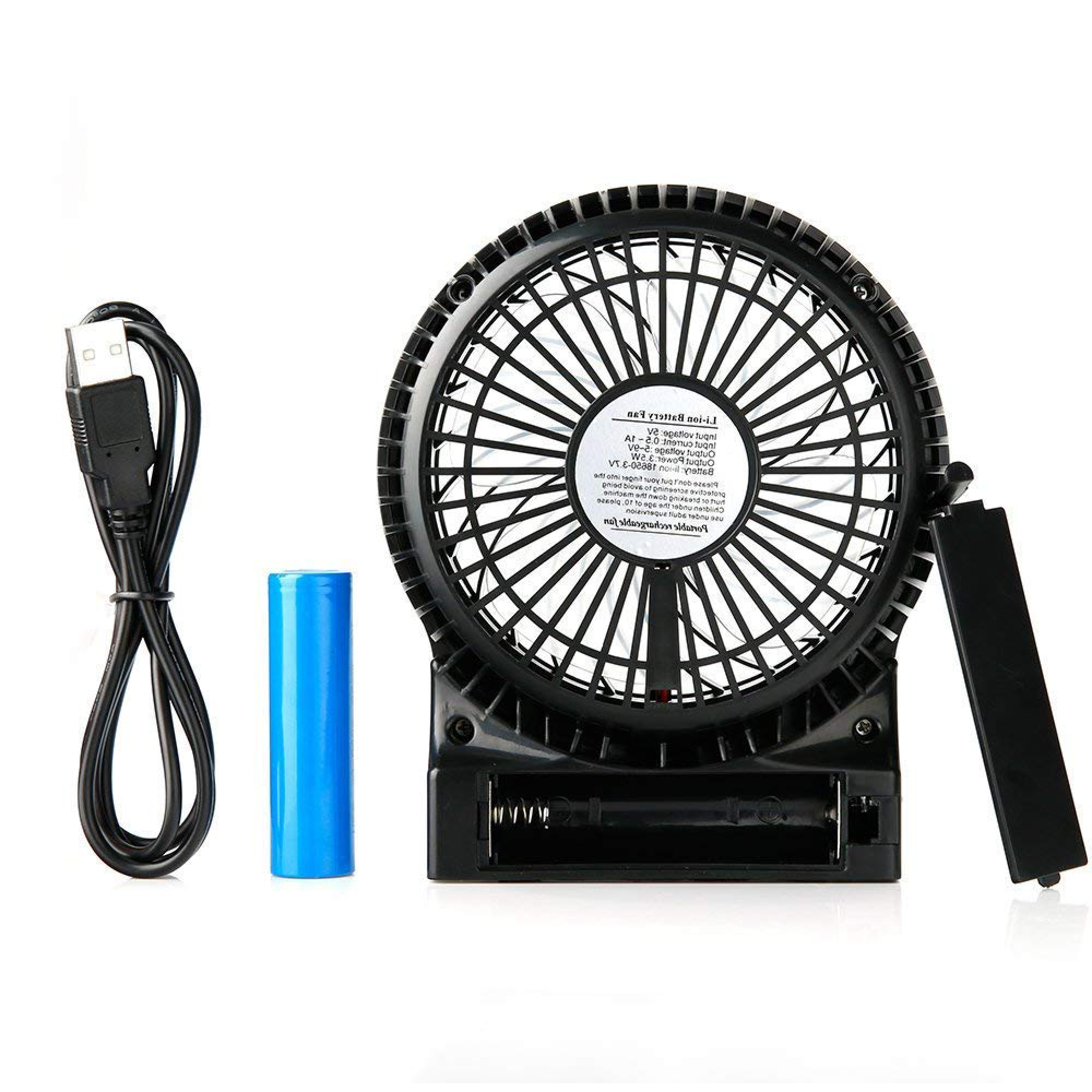 Ein schwarzer Ventilator mit USB-Kabel und blauer Batterie.