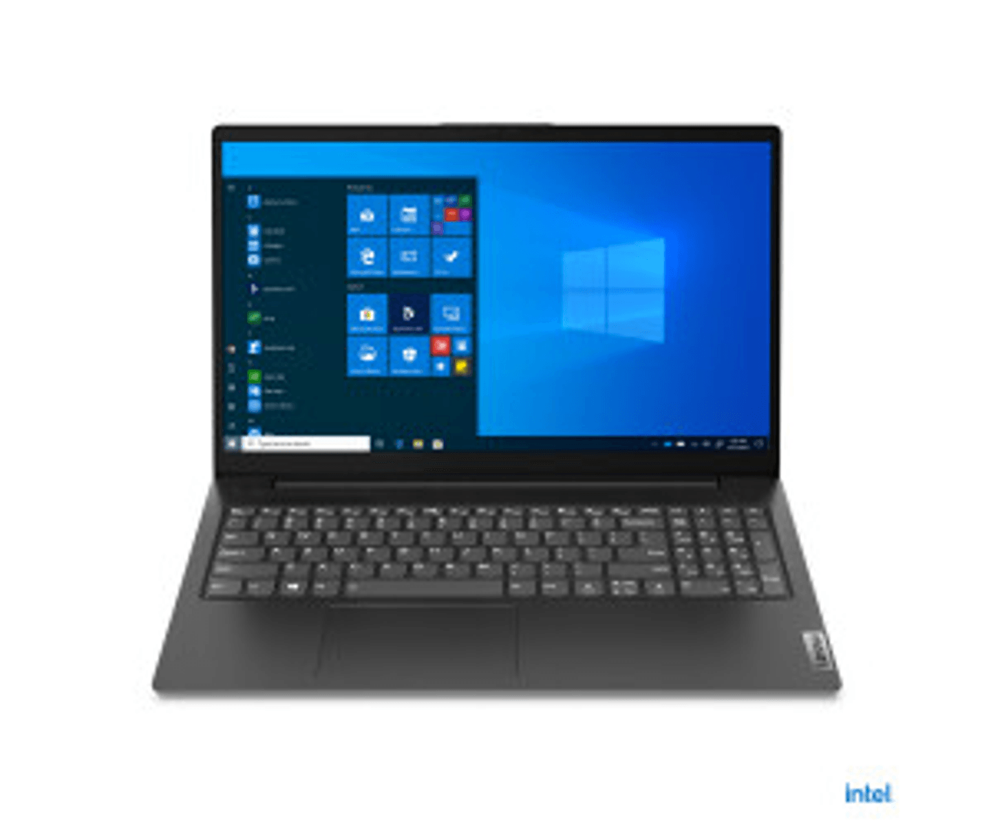 Ein geöffneter schwarzer Laptop mit Windows auf dem Bildschirm.