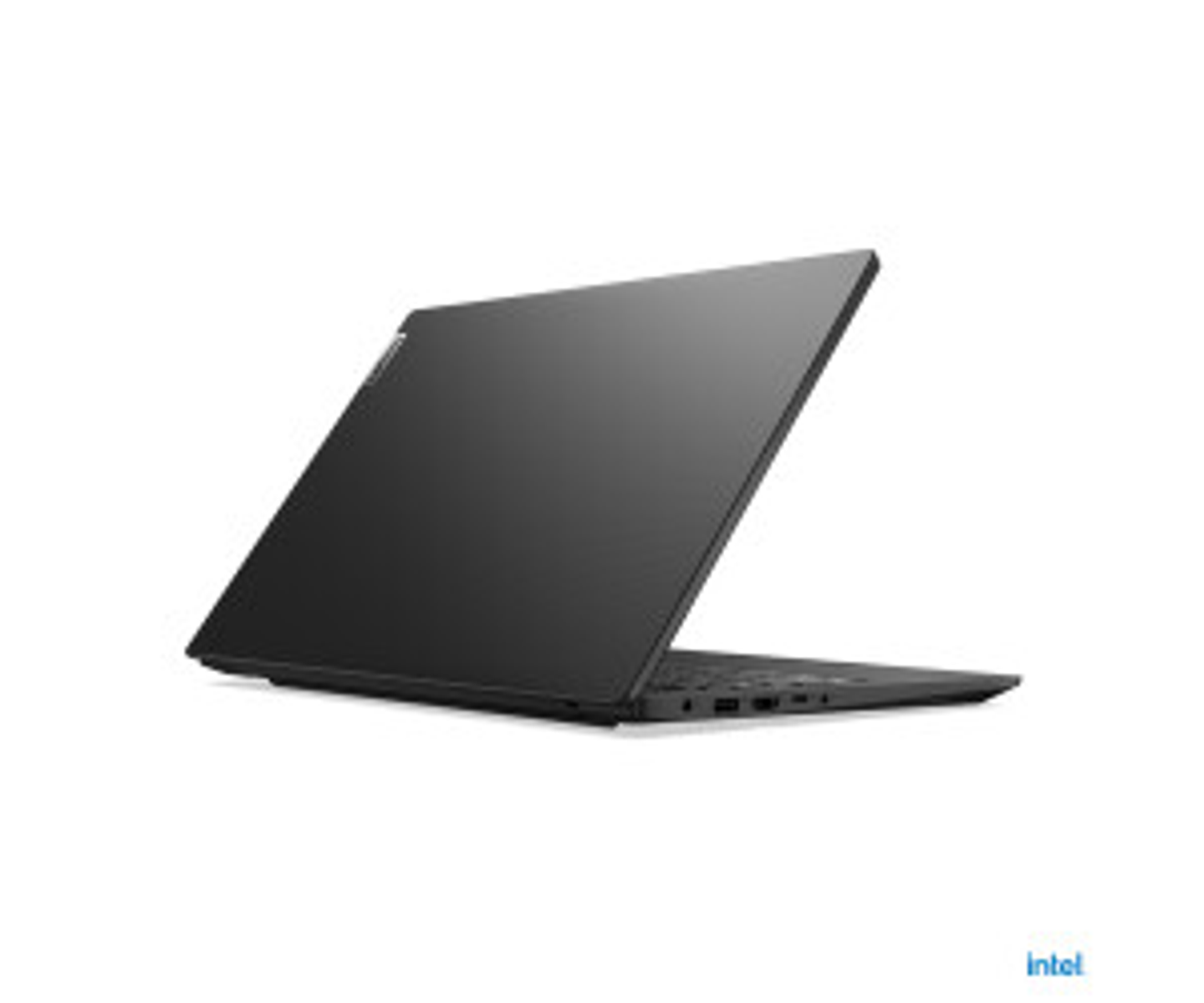 Schwarzer Laptop mit aufgeklapptem Bildschirm auf weißem Hintergrund.