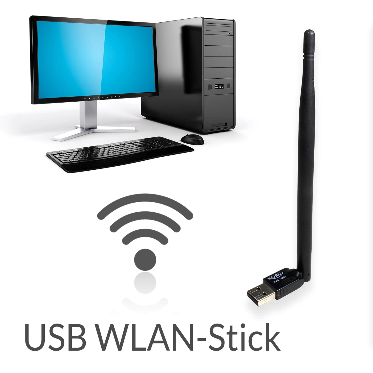 Ein schwarzer PC, Monitor, Tastatur, Maus und USB WLAN-Stick.