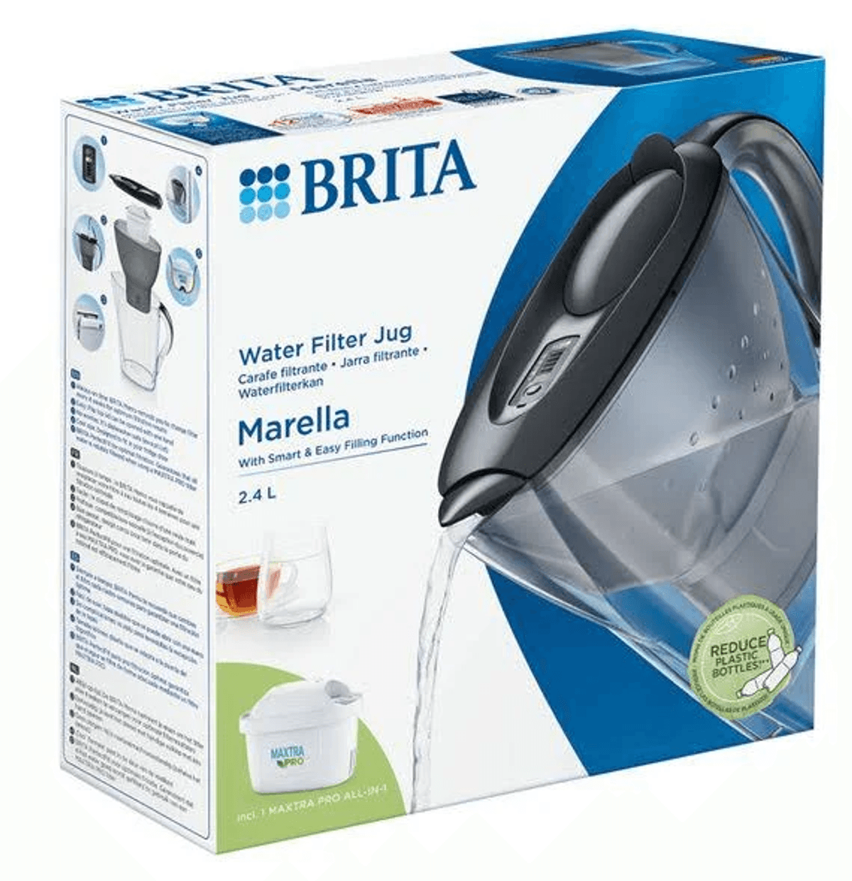 Brita Marella Wasserfilterkanne, 2,4 L, mit Filter und Anleitung auf der Verpackung.