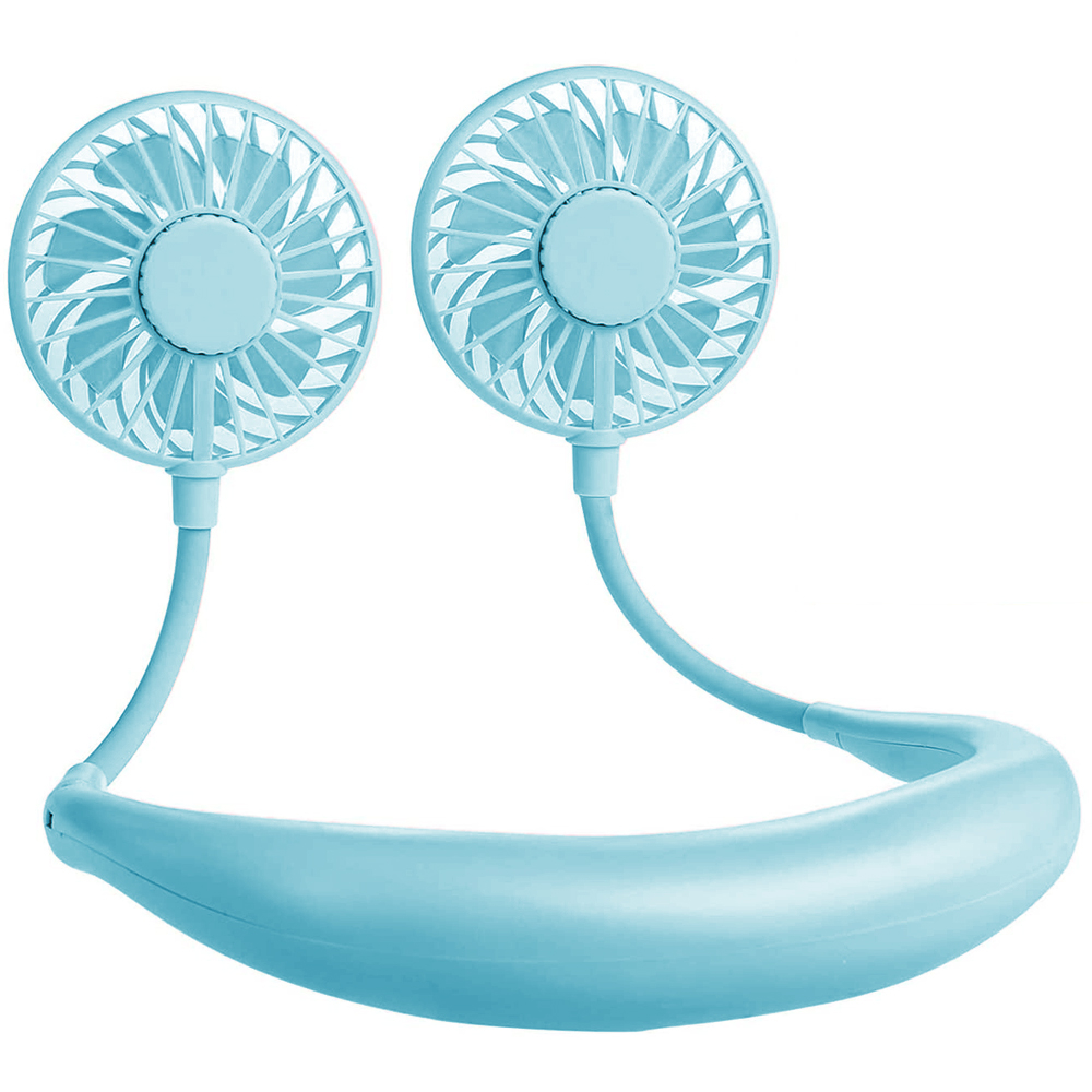 Ein blauer Nackenventilator mit zwei Lüfterköpfen und flexiblem Band.