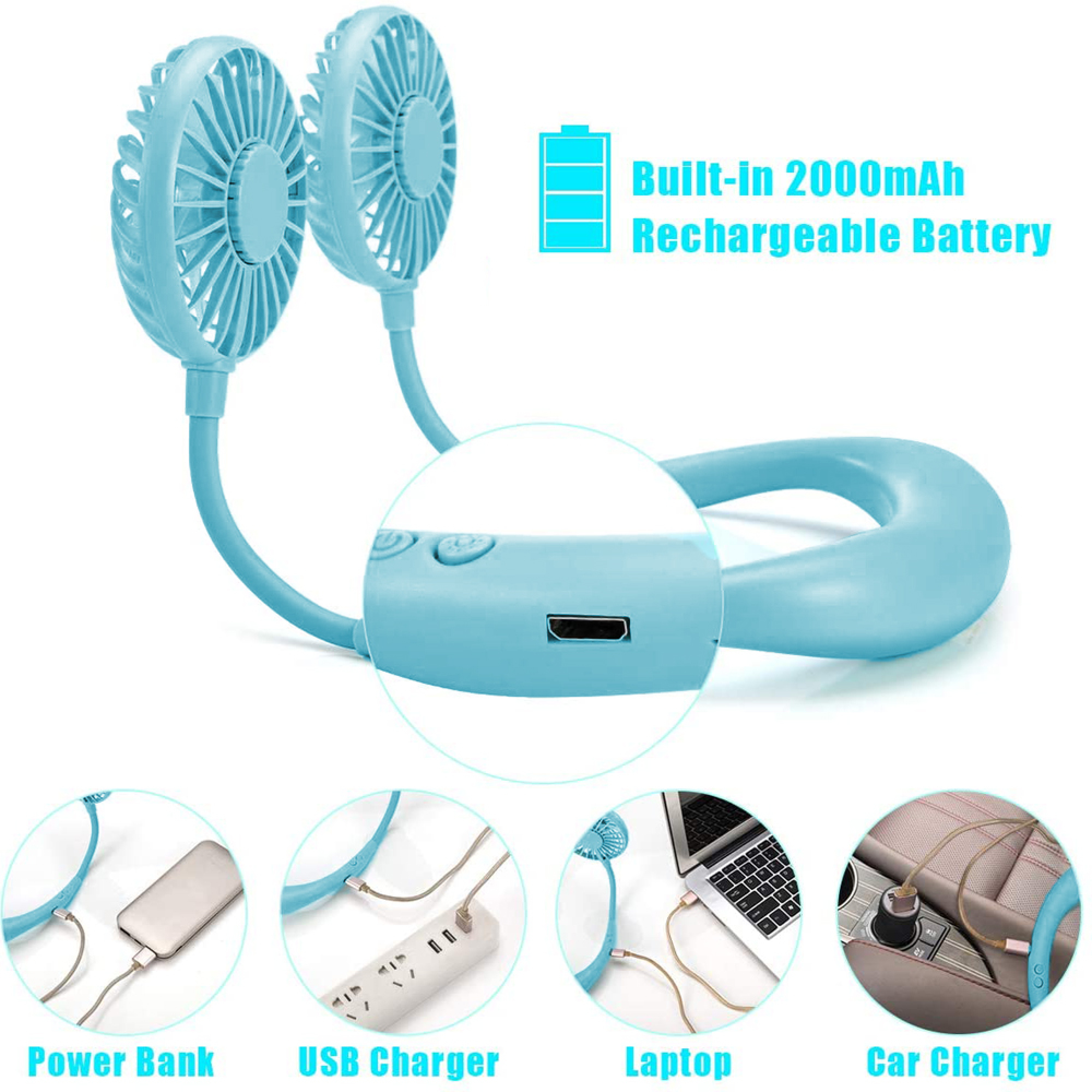 Ein blauer Nackenventilator mit zwei Lüftern und USB-Ladeoptionen.