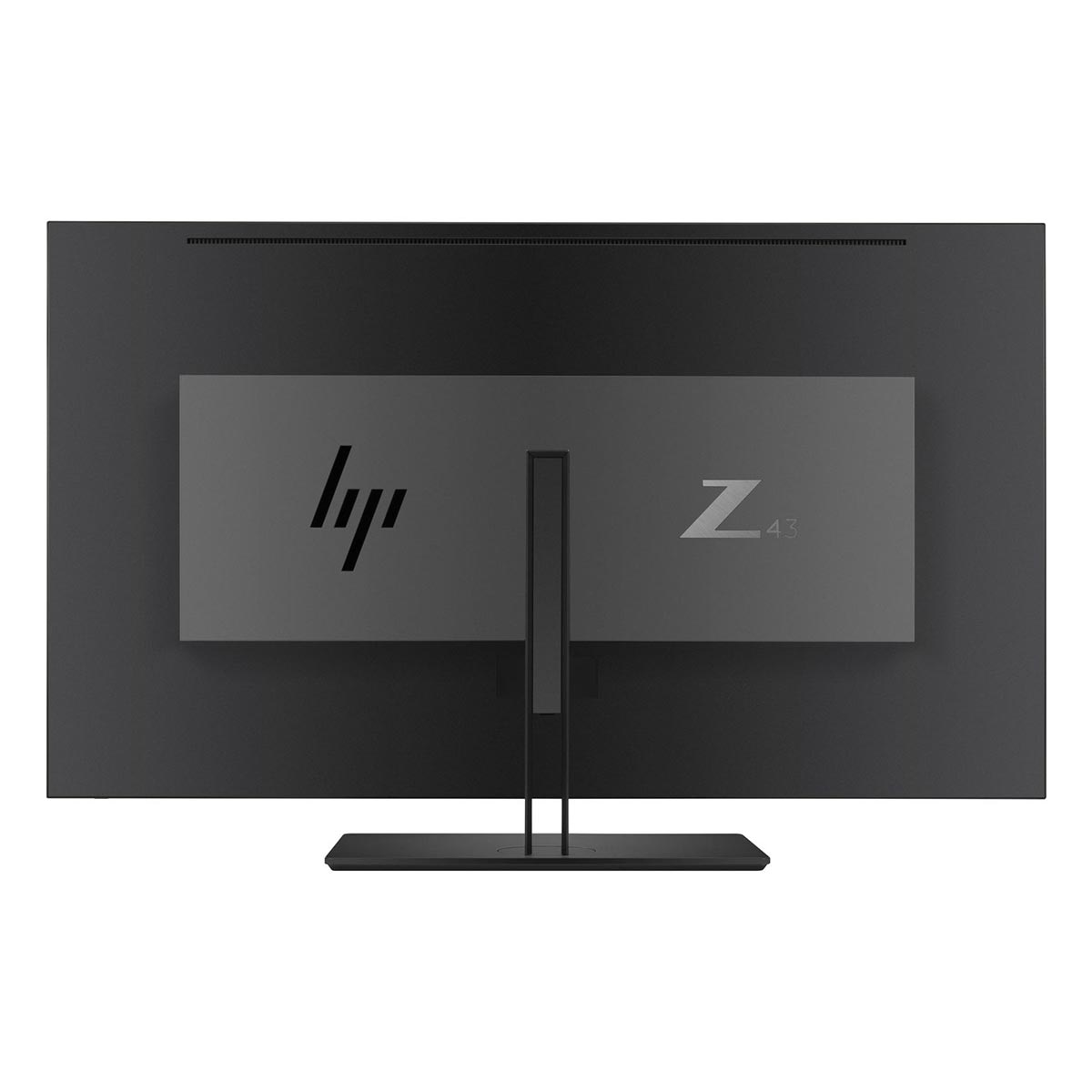 Tył czarnego monitora HP Z43 ze stojakiem. Logo HP po lewej stronie.