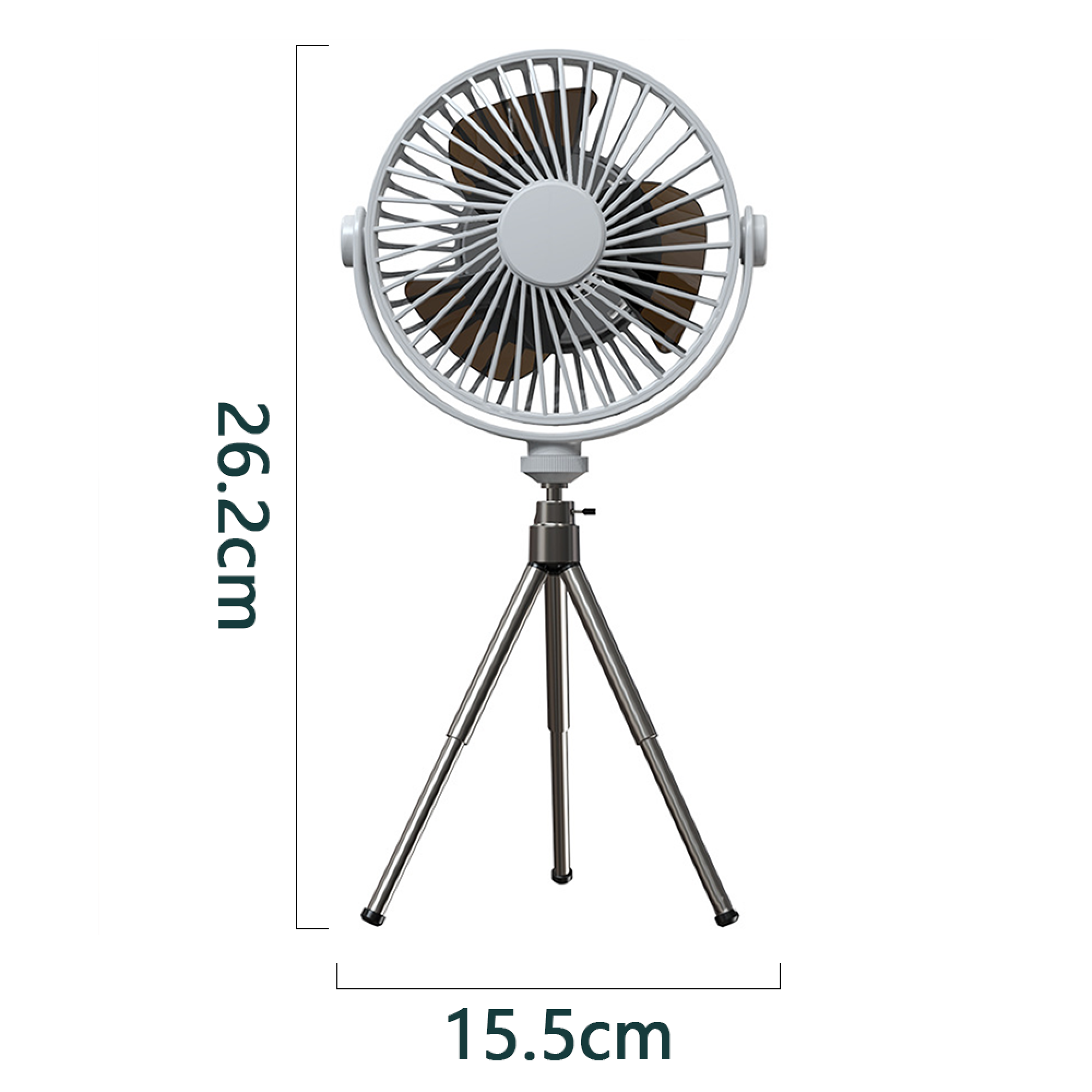 Ein kleiner weißer Ventilator mit braunen Rotorblättern auf einem silbernen Stativ.