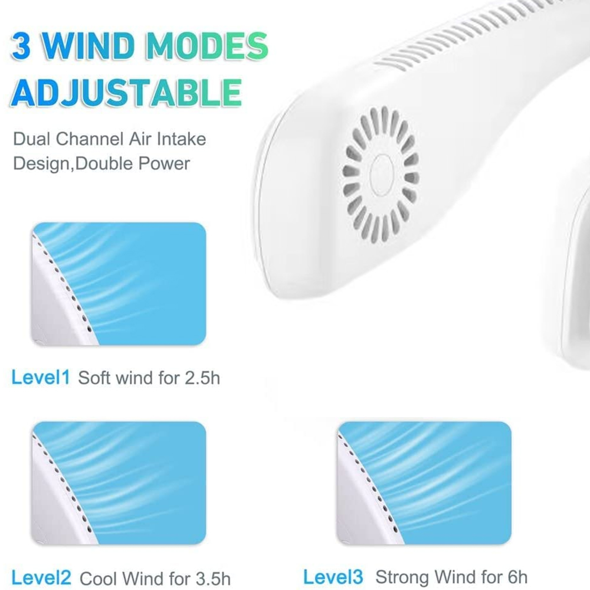 Ein weißer Nackenventilator mit 3 einstellbaren Windmodi und Luftstromanzeigen.