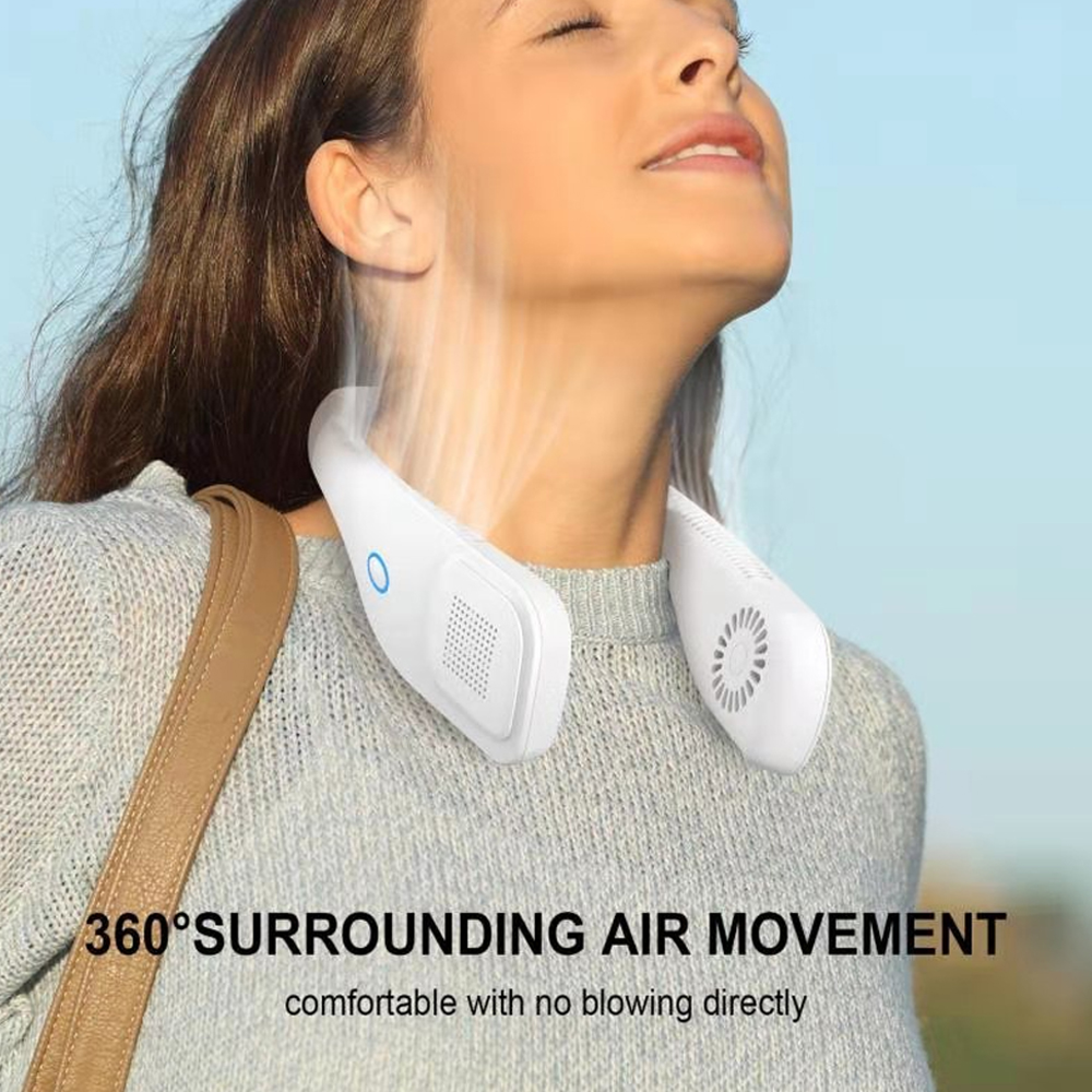 Eine Frau trägt einen weißen Halsventilator, der kühle Luft bläst.