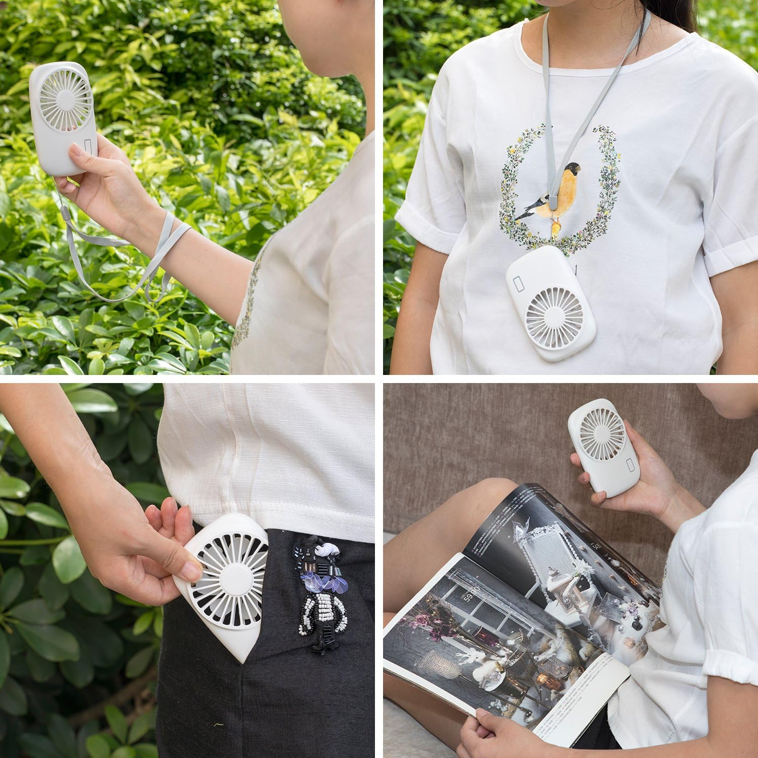 Person hält einen kleinen weißen Ventilator in der Hand, vor grünem Laub.