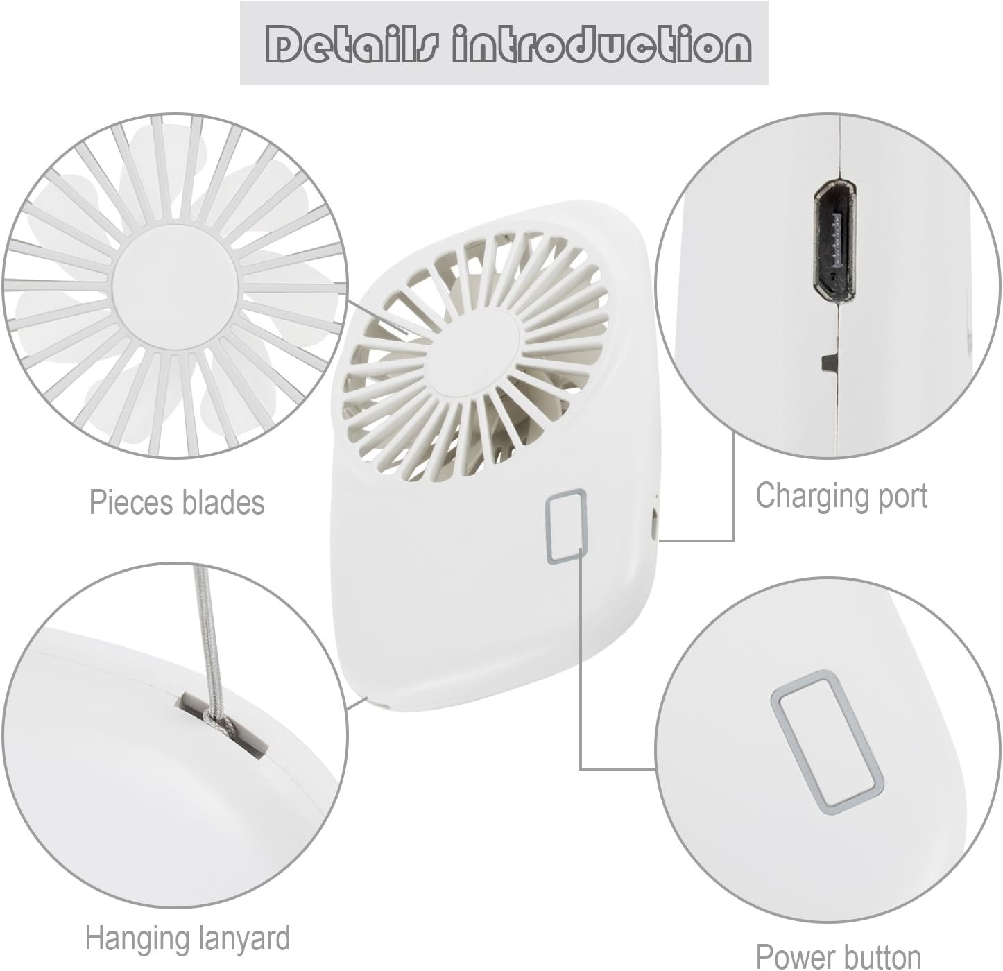 Ein weißer Ventilator mit Ladeanschluss und Power-Taste.